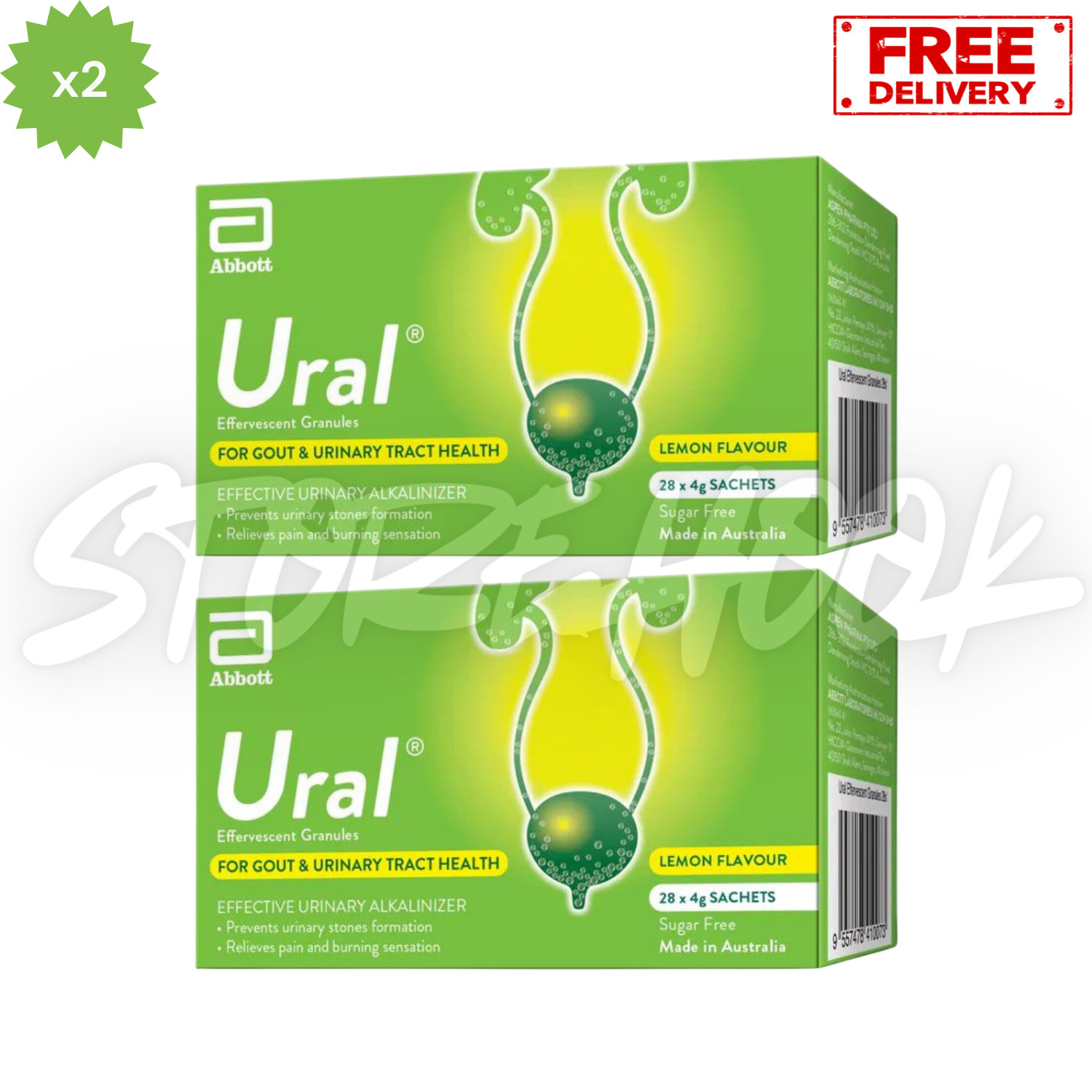 2x Abbott Ural Effervescent Granules Urine Alkalinizer 4g x 28 sachets