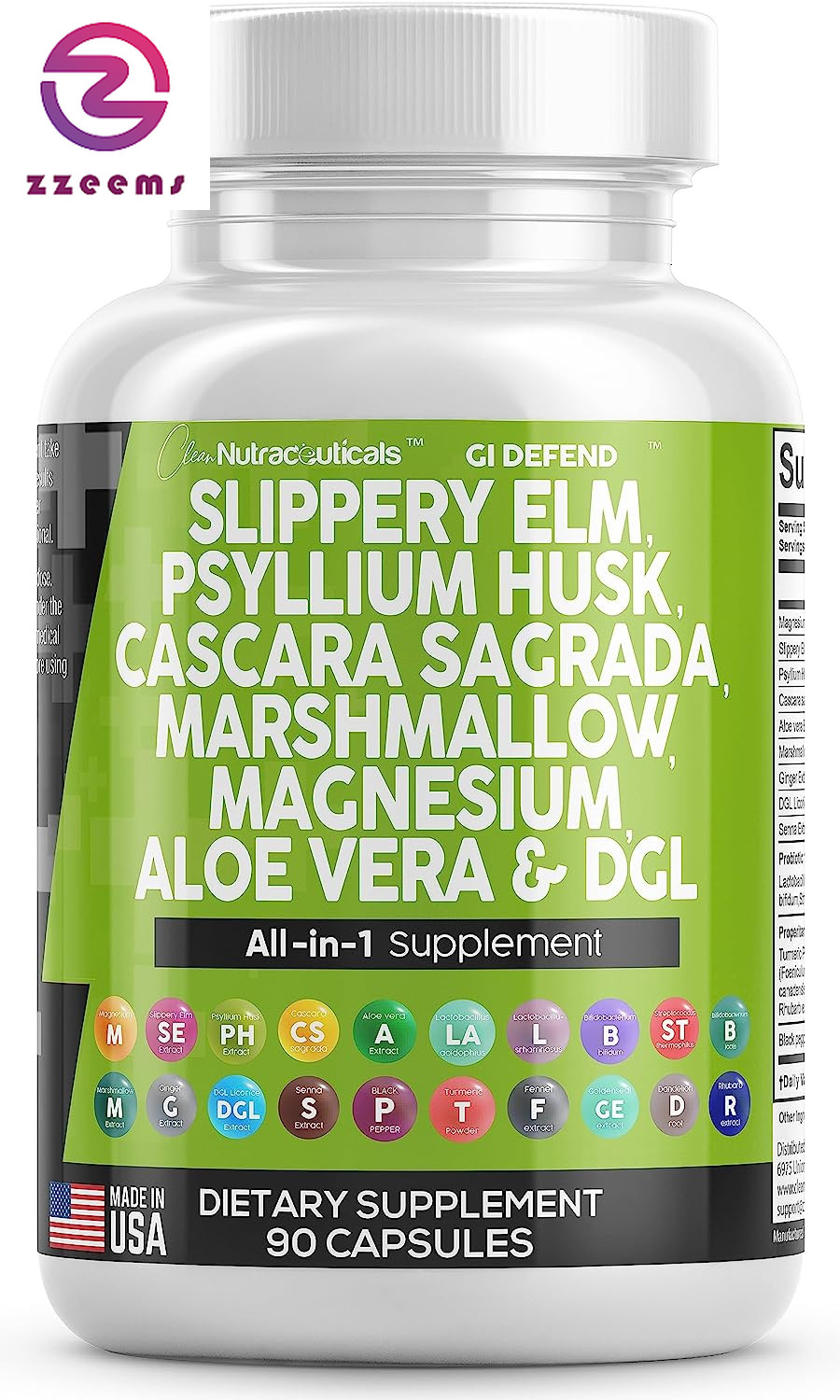 Slippery Elm Psyllium Cascara Marshmallow Magnesium Aloe and DGL – 90 Count Made