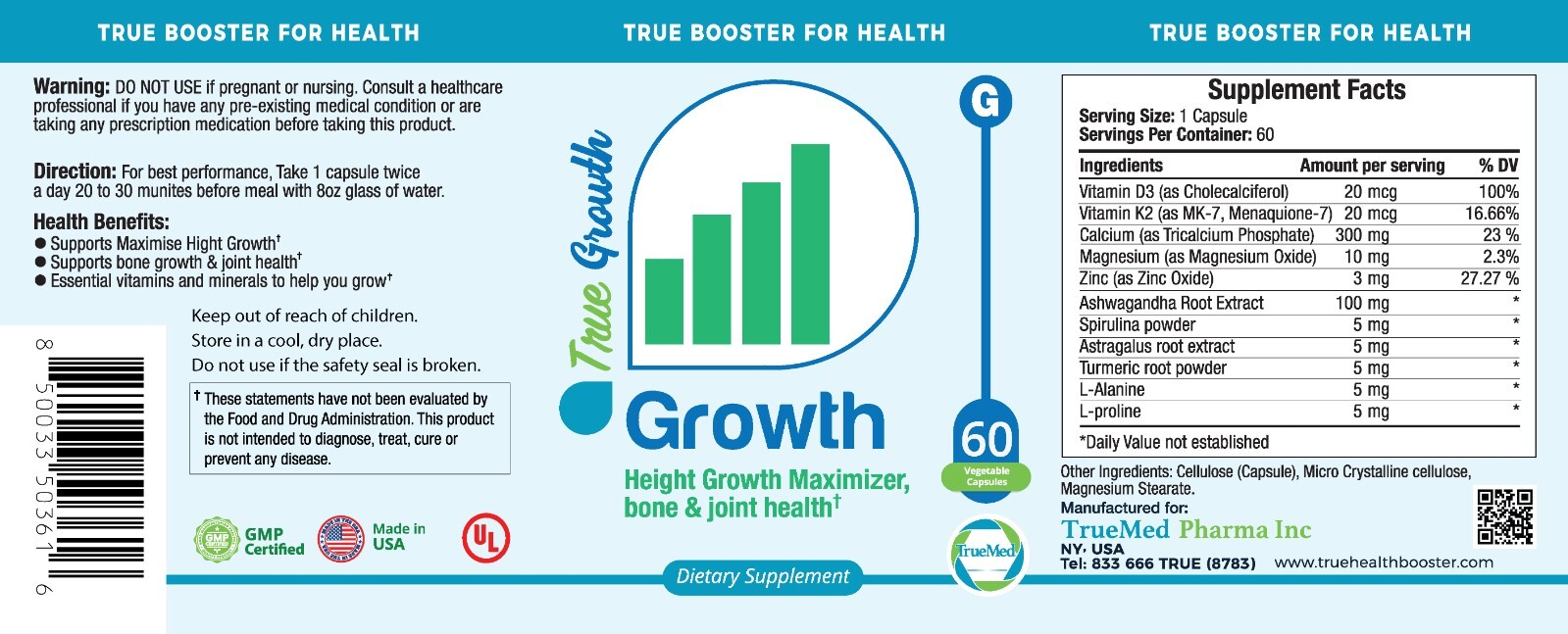 TrueMed Growth Support Supplement Height Growth Maximizer 438 Mg 60 Capsules