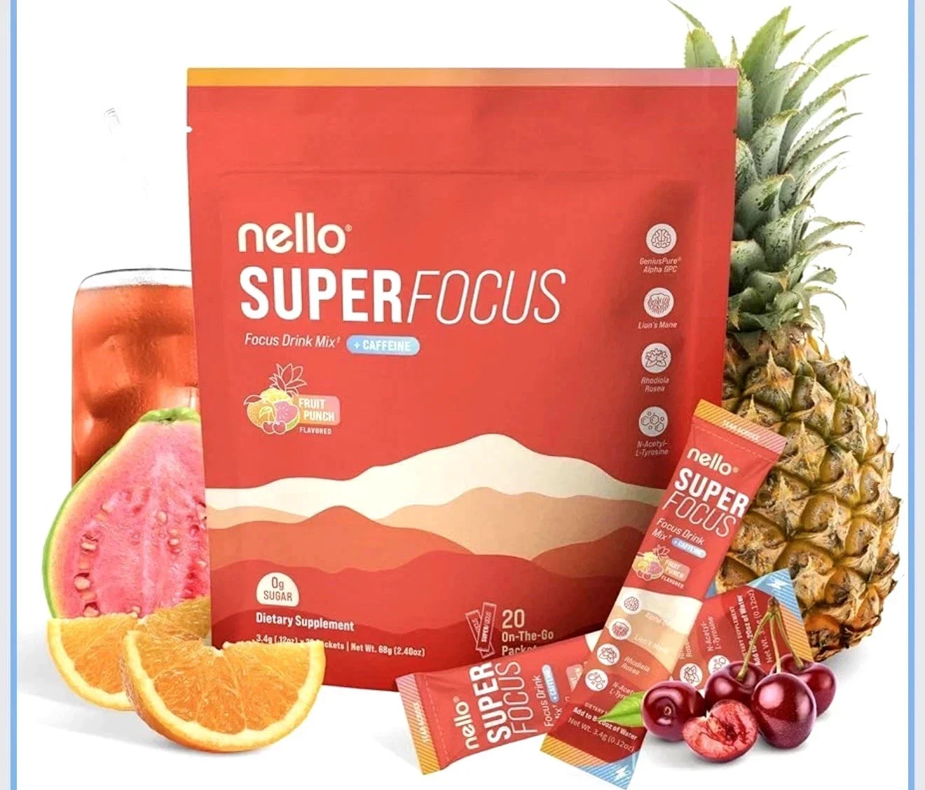 Nello SuperFocus Caffeinated Drink – Refreshing Fruit Punch Flavor