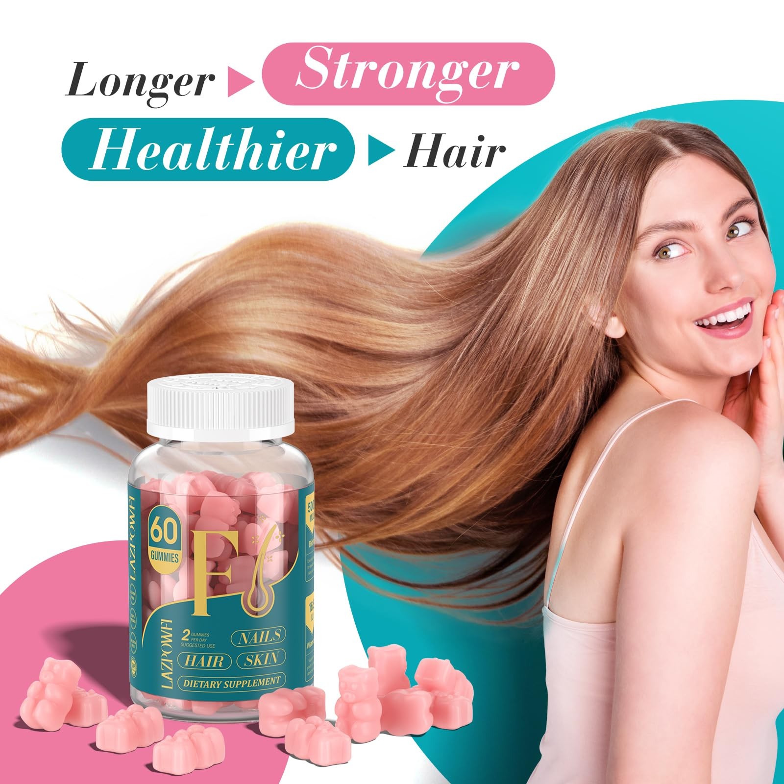 Lazpowfi Biotin Gummies -Hair Skin and Nails 1 Count (Pack of 60), Pink