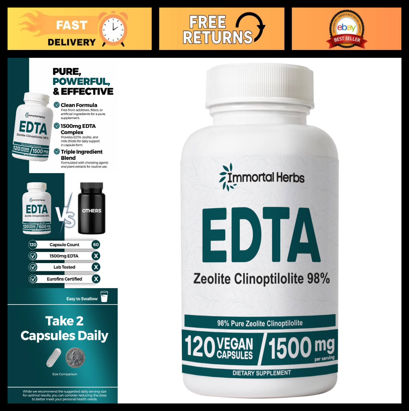 1500mg EDTA Capsules with Zeolite & Milk Thistle – 120 Non-GMO Gluten Free Pills