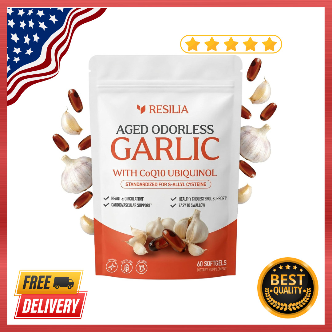 Resilia Garlic Extract 1200mg Softgels (60 Count) – Odorless Aged Garlic Extra..