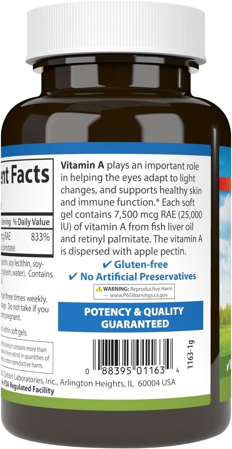 Carlson Labs Vitamin A with Pectin, 25000 IU, 300 Softgels Free Delivery