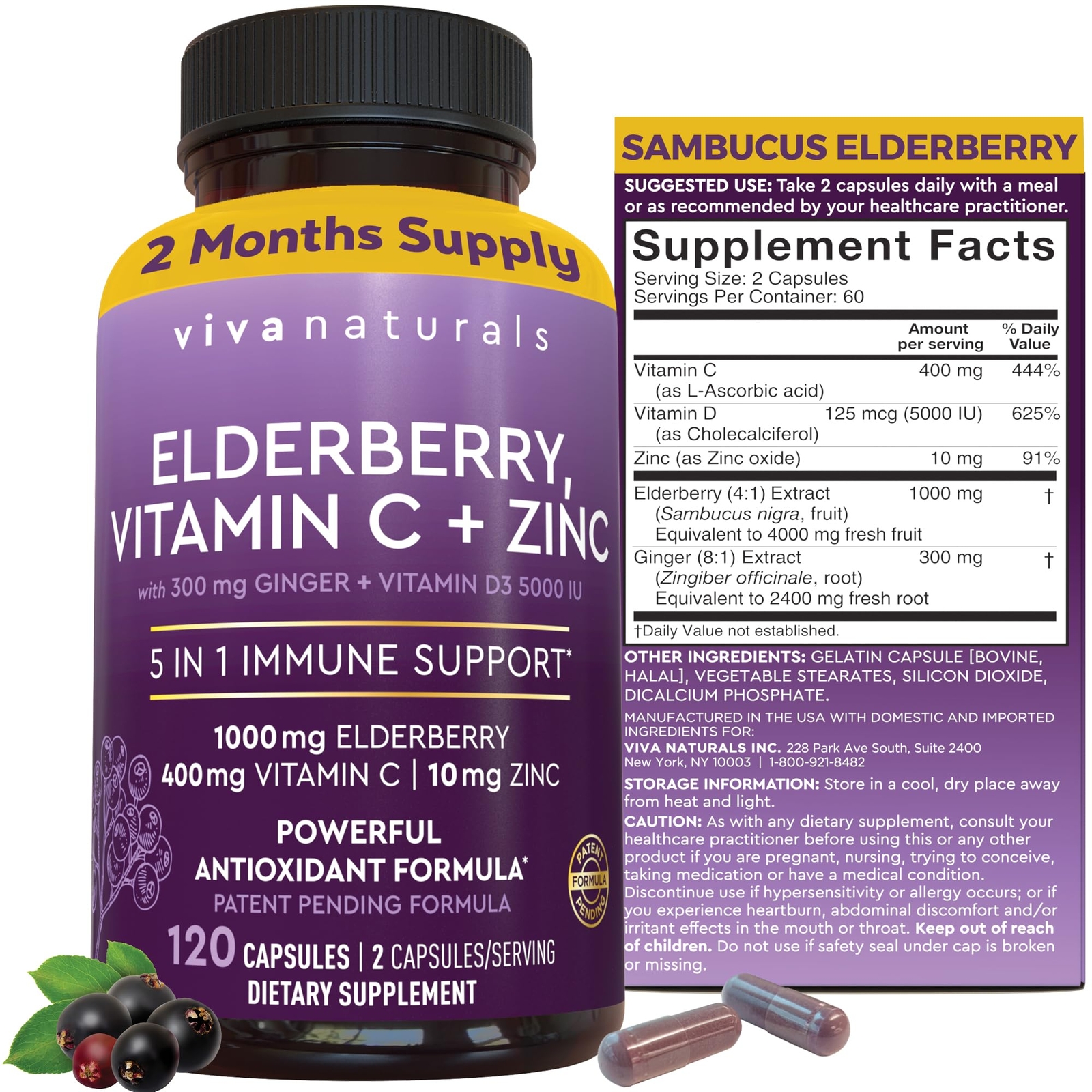 Viva Naturals Elderberry with Vitamin C and Zinc for Adults – 5 in 1 Sambucus…