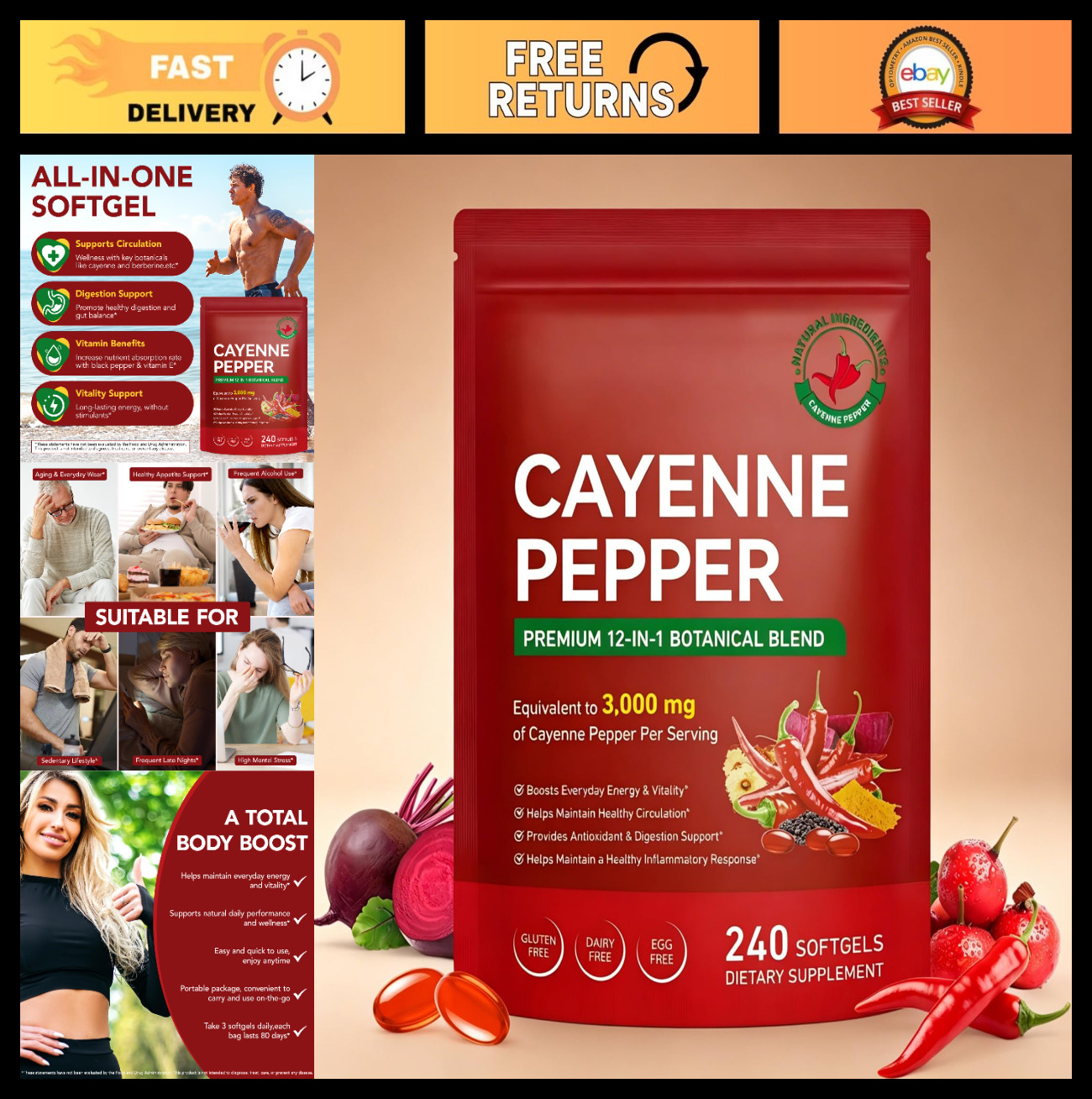Cayenne Pepper Softgels 240 Count | Non-GMO, Beetroot, Hawthorn, D3+K2 | Heart &