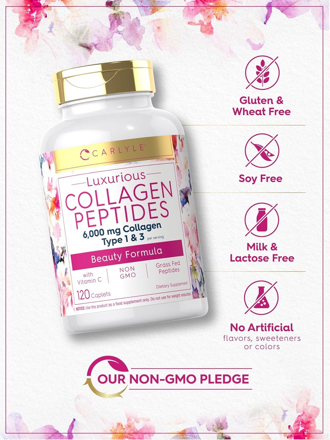 Collagen Peptides Pills 6000 mg | 120 Caplets | Type 1 & 3, Vitamin C | Carlyle