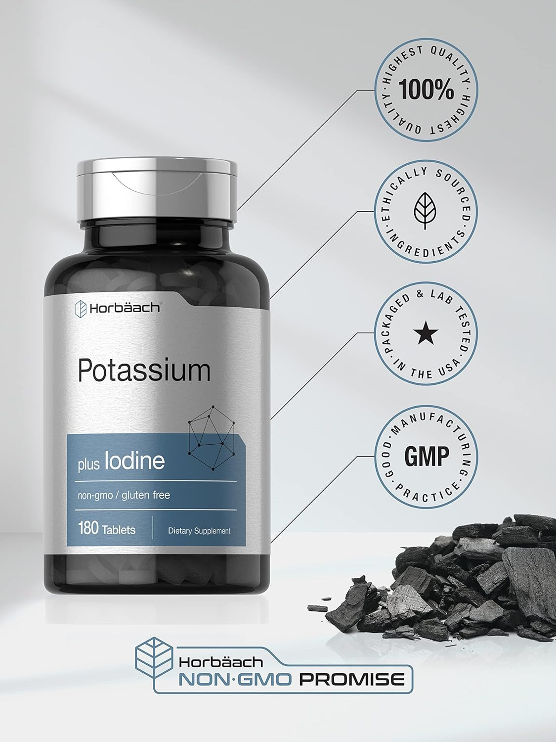 Horbäach Potassium Chloride Supplement | plus Iodine | 180 Vegetarian Tablets |
