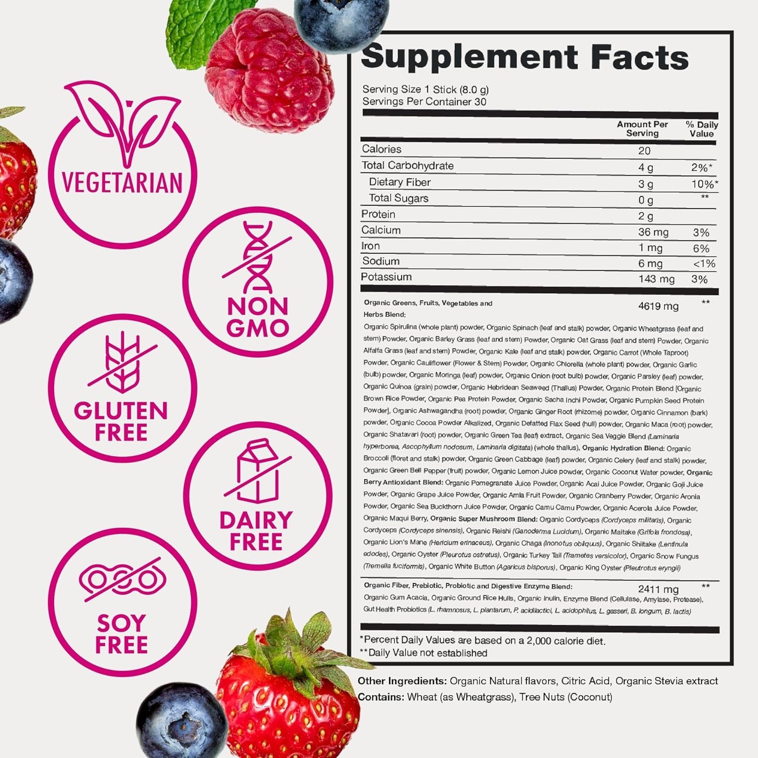 Organic Super Greens Powder – 70+ Superfoods, 0 Sugar, 3g Fiber, Mixed Berry