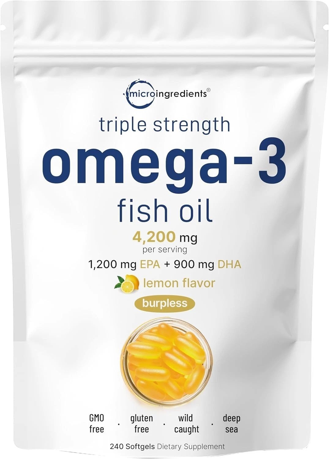 240 Non-GMO Omega 3 Fish Oil Softgels – Triple Strength, Burpless & Gluten-Free
