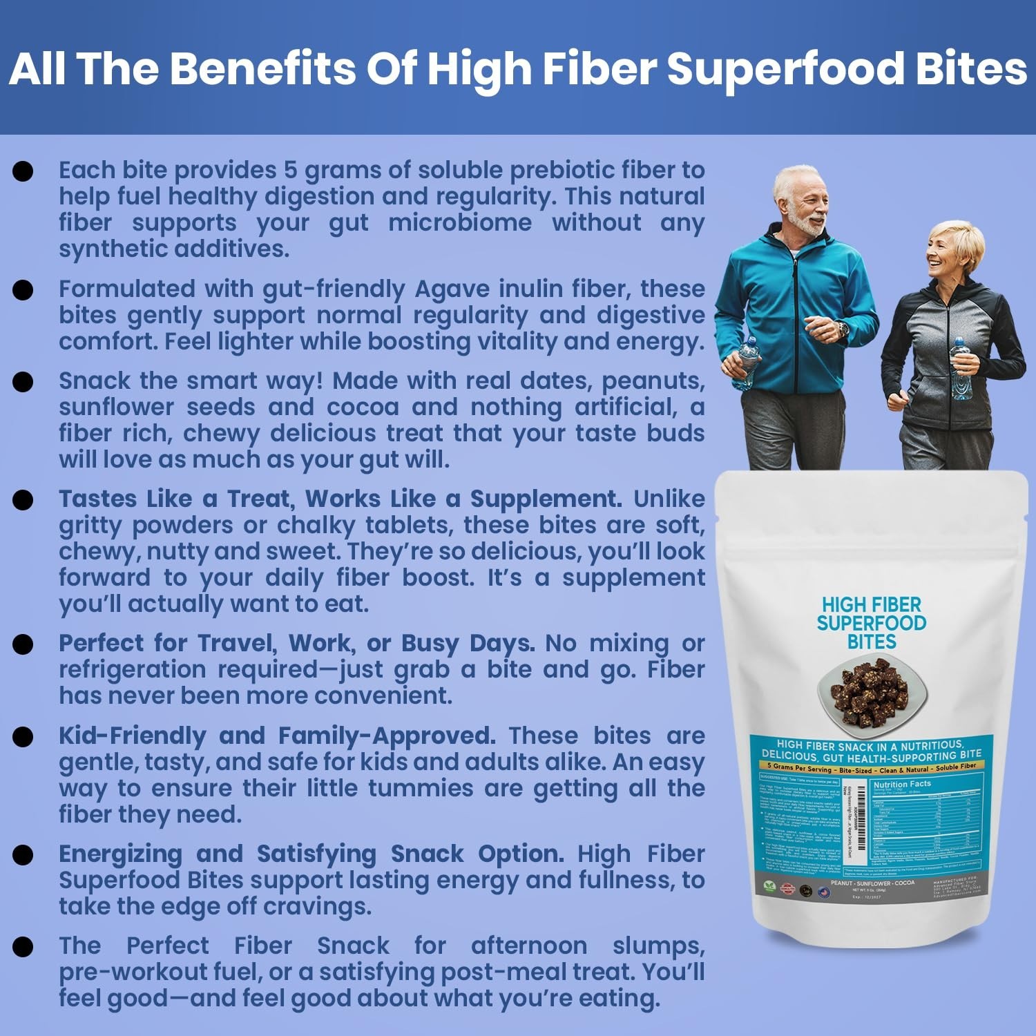 High Fiber Superfood Bites 5g, Clean Fiber Snacks for Adults, Peanut, Cocoa, Dat