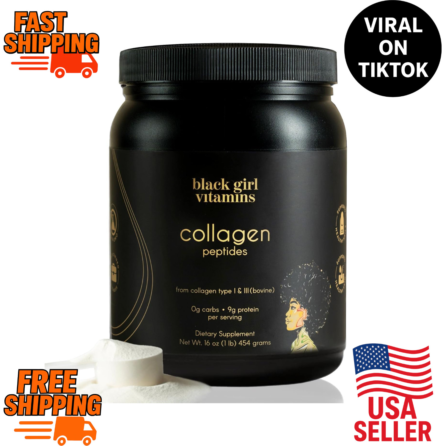 Black Girl Vitamins Collagen Peptides Powder 16oz Unflavored Dairy-Free