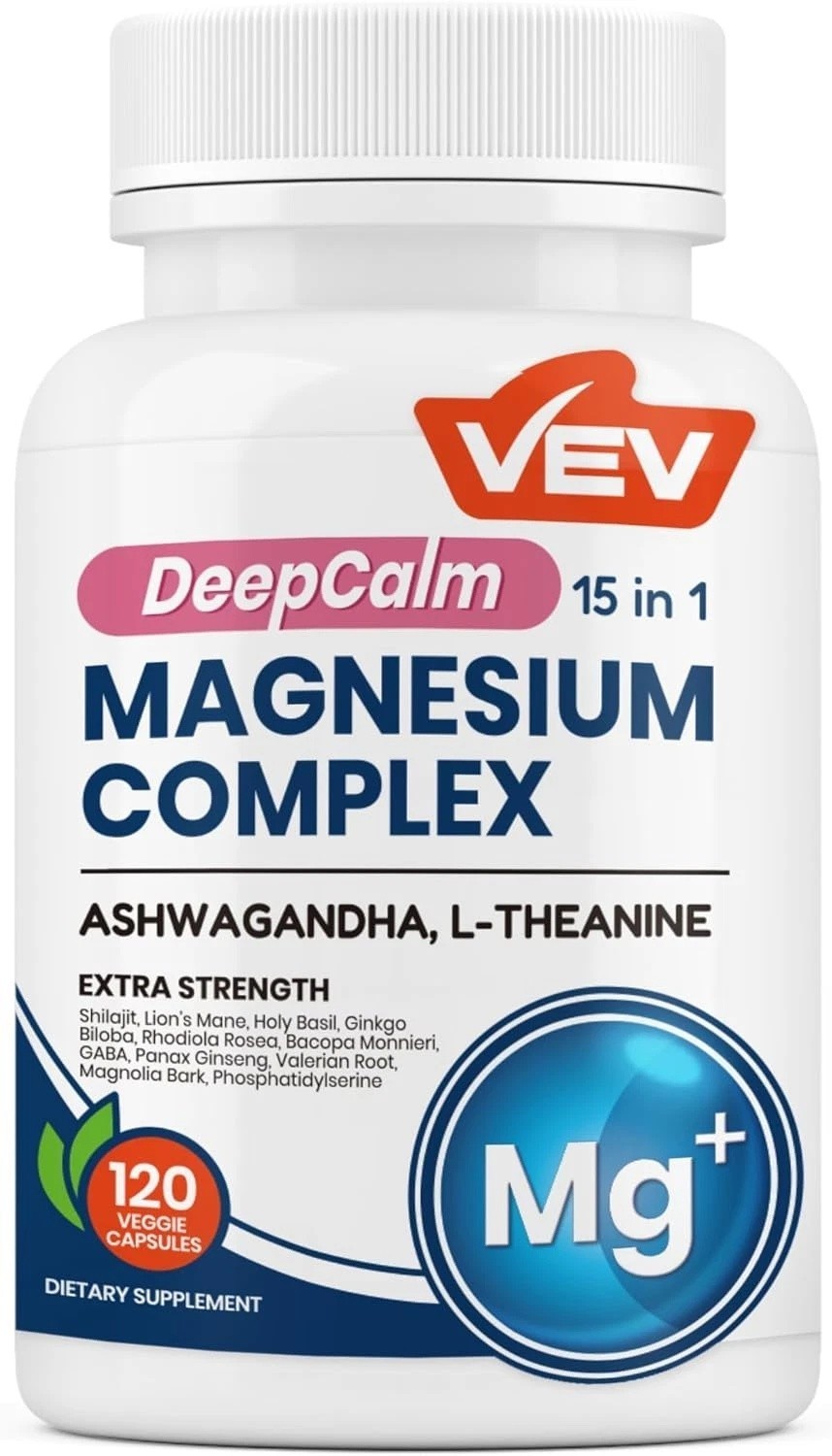 2 BOTTLES-NEW VEV DeepCalm 15 in 1 Magnesium Glycinate&Citrate Complex Capsules