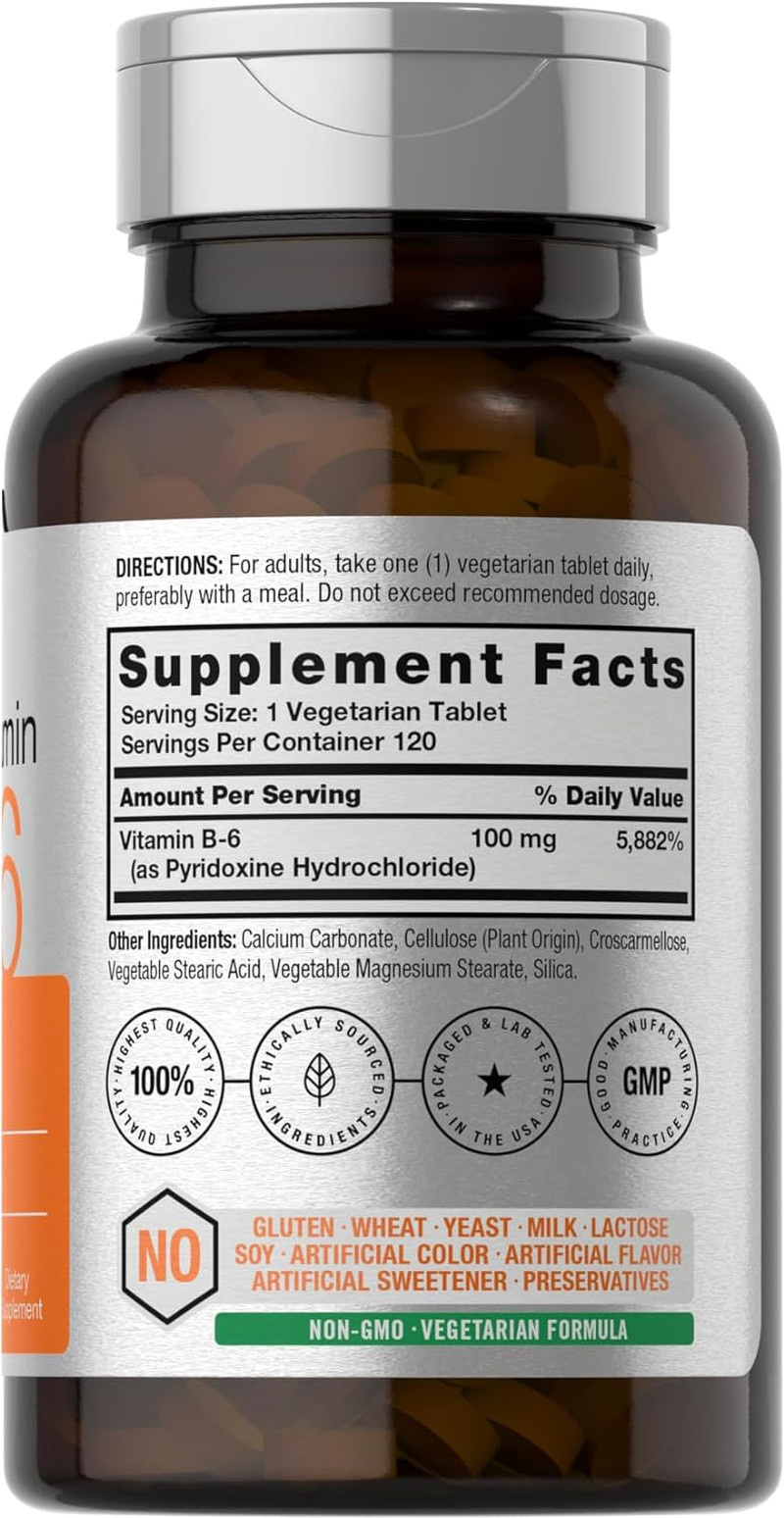 Horbaach Vitamin B-6 100Mg, 120 Vegetarian Tablets, Pyridoxine Hcl, Non-Gmo