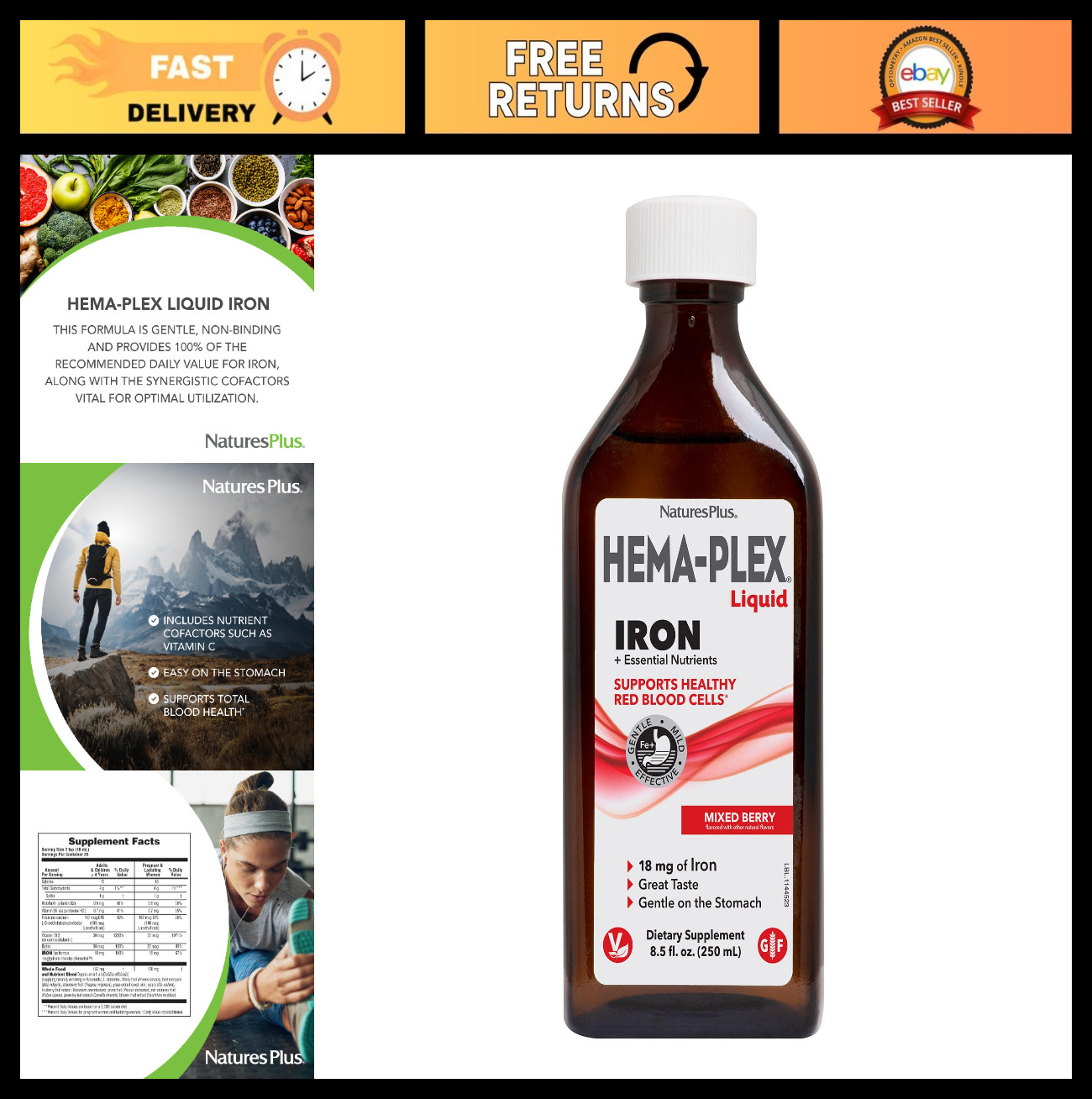 Liquid Iron Supplement – Hema-Plex Mixed Berry, 8.5 oz – Vegan, Gluten Free, 25