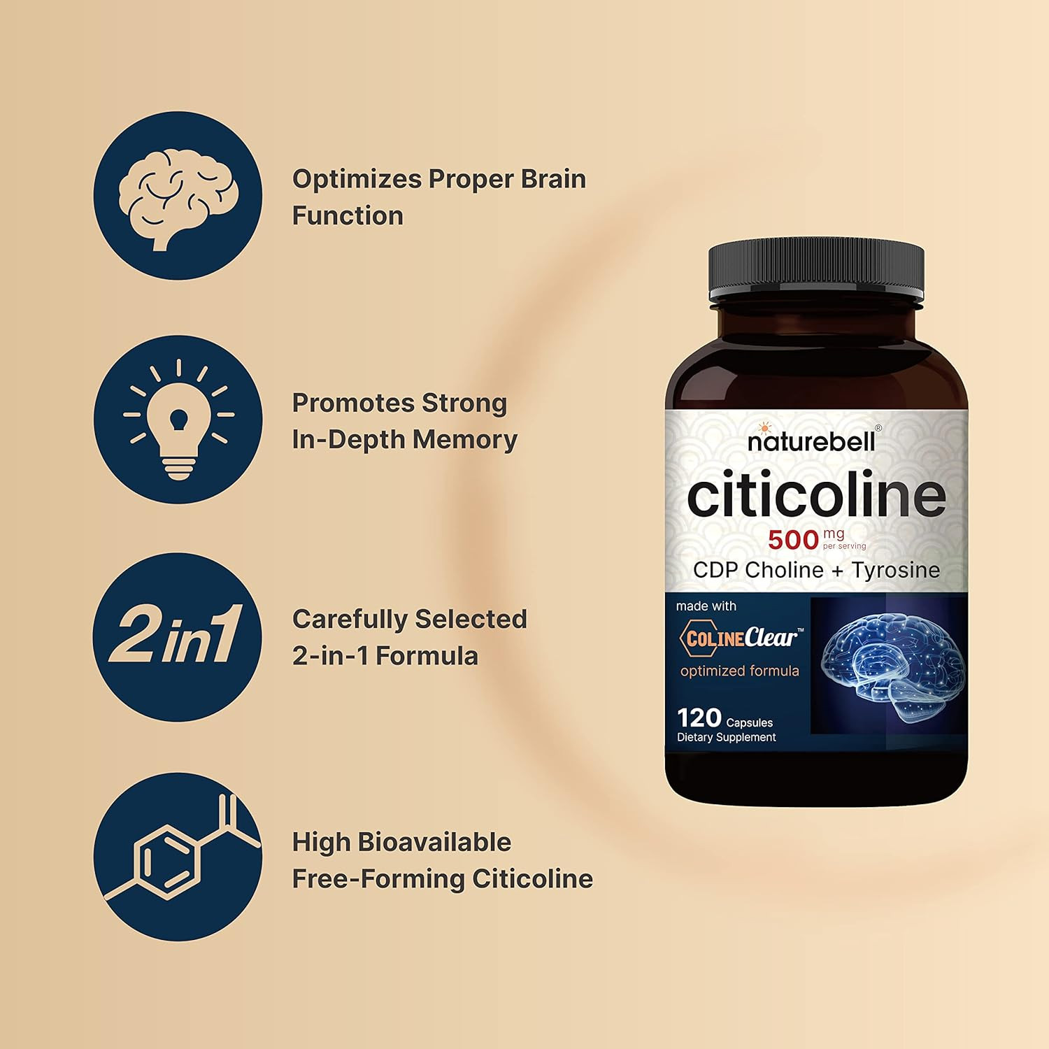 Naturebell Citicoline CDP Choline 500Mg with Tyrosine 50Mg, 120 Capsules