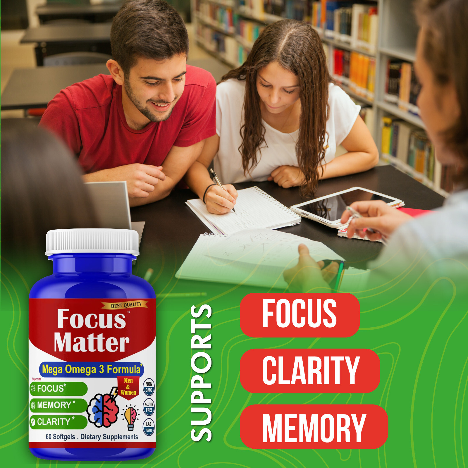 Focus Matter Brain Booster Supplement & Focus Vitamins for Seniors Adults Energy