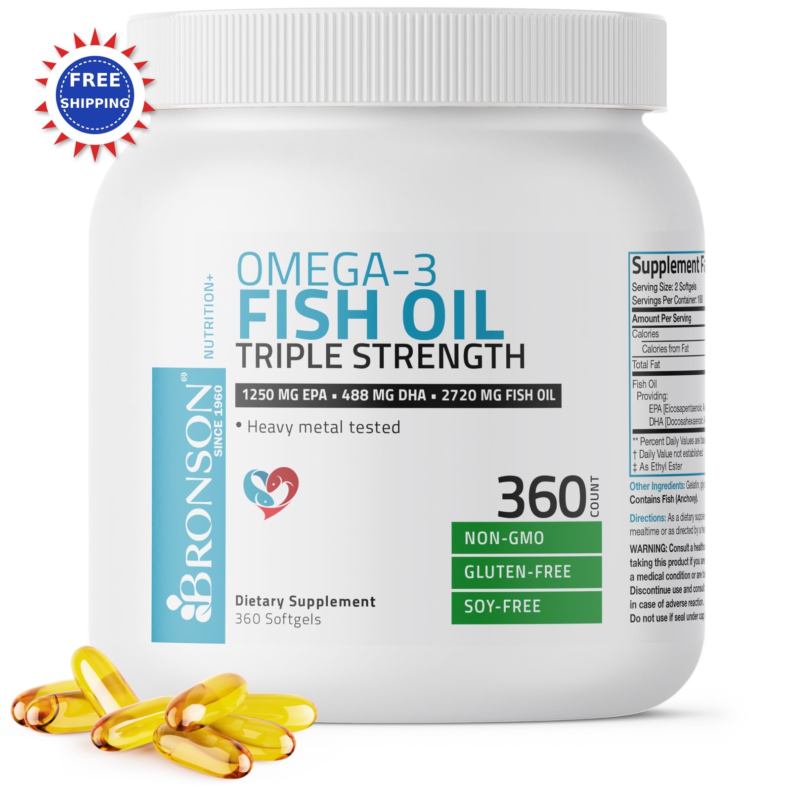 Omega 3 Fish Oil Softgels 360 Count 2720mg EPA 1250mg DHA 488mg Bronson Triple