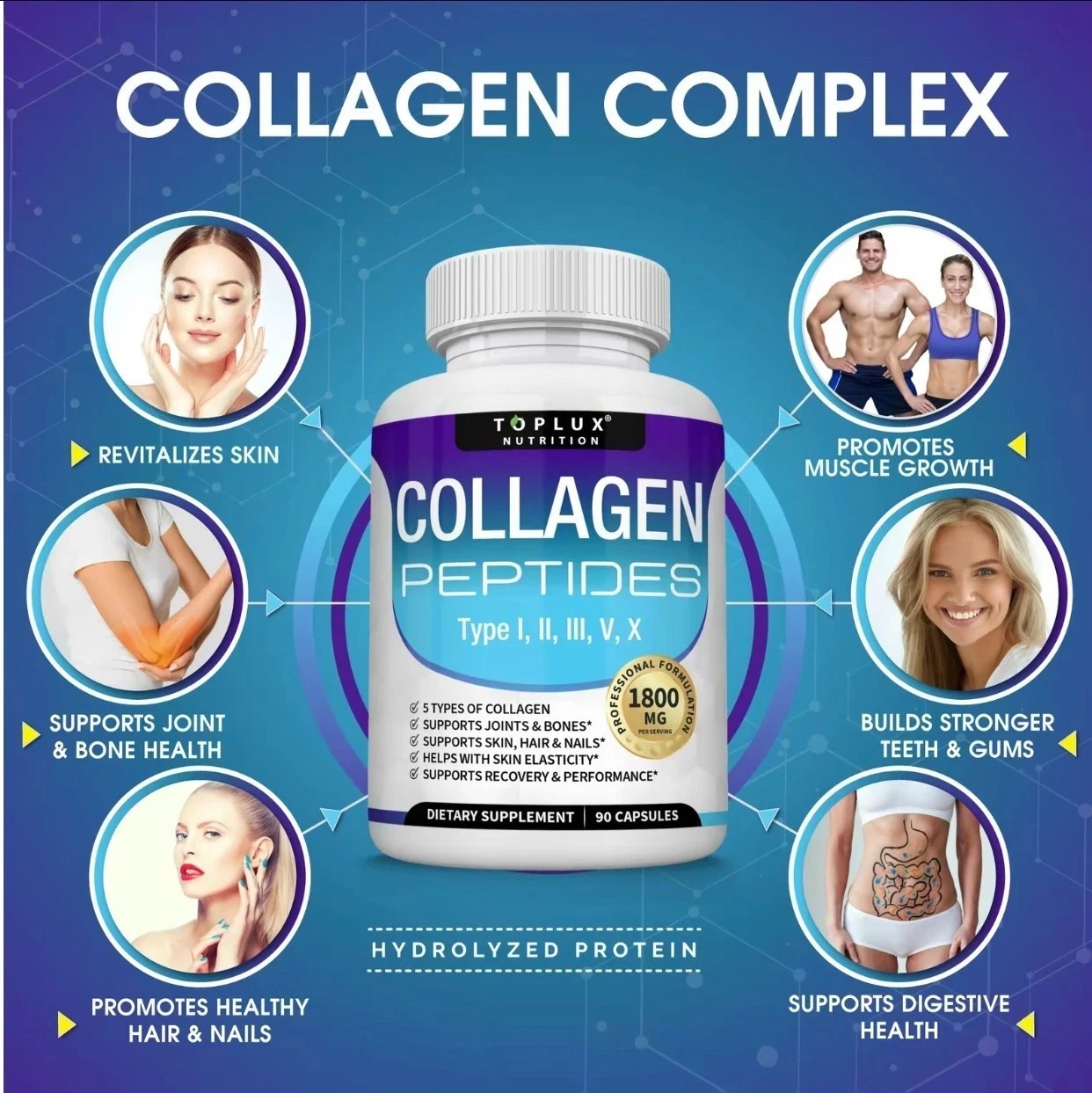 5-Type Collagen Peptides 1800mg for Skin & Joint Health,Toplux Nutrition,90 Caps