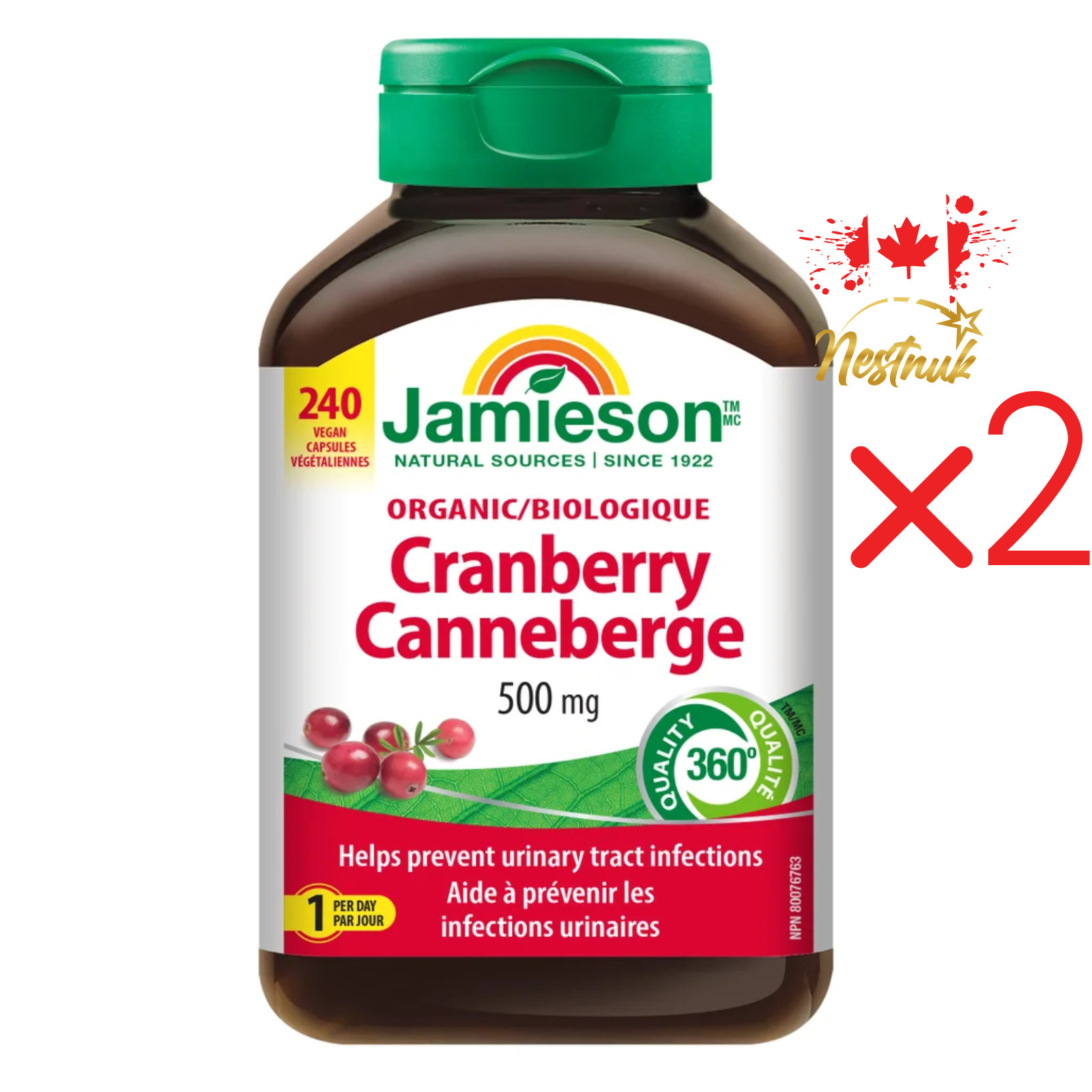 Jamieson Organic Cranberry 500mg 240 Vegan Capsules 2 Pack Canada Made
