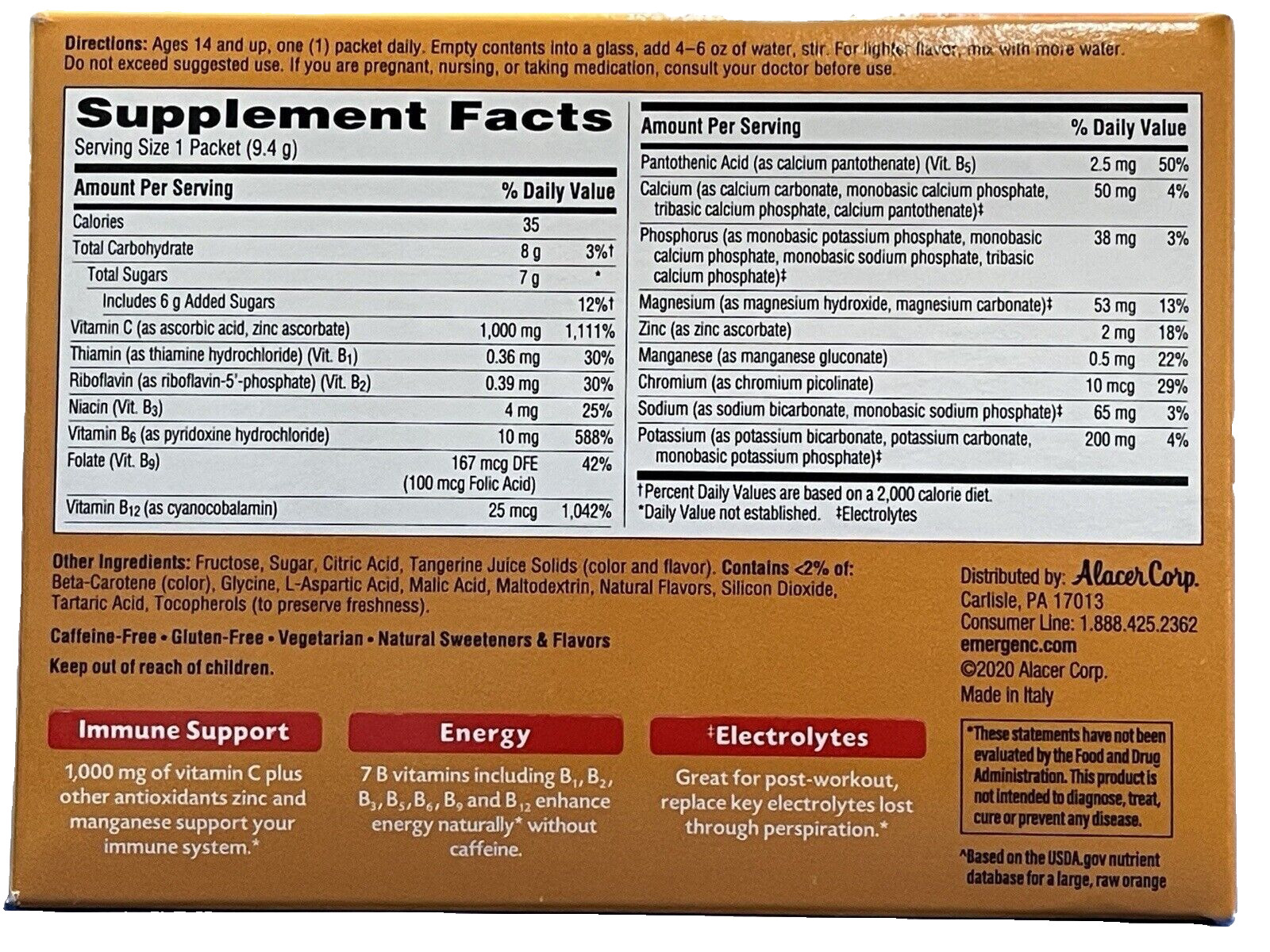 Emergen-C Vitamin C 1000mg Tangerine 30 Packets Exp-03/2027 Drink
