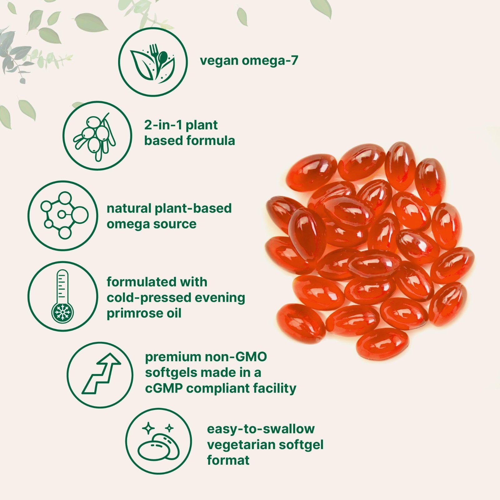 Vegan Omega-7 Sea Buckthorn & Evening Primrose Oil Softgels, Non-GMO, Gluten-Fre