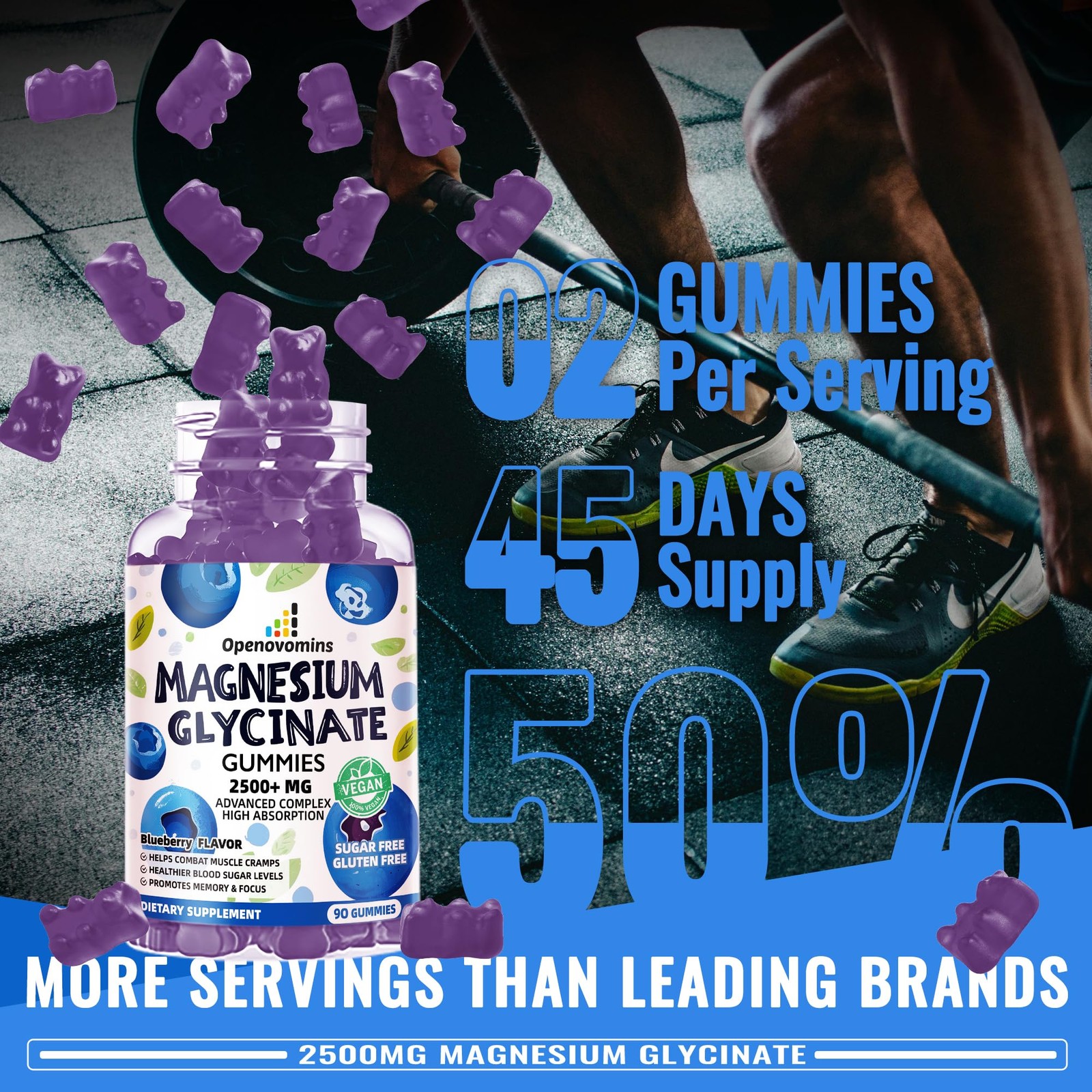 Magnesium Glycinate Gummies 2500mg – Sugar 90 Count (Pack of 1), Blueberry