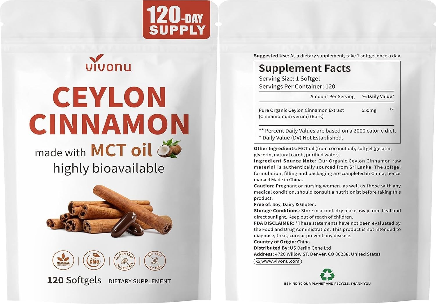High Potency Organic Ceylon Cinnamon Softgels with MCT Oil, 120-Count Supply