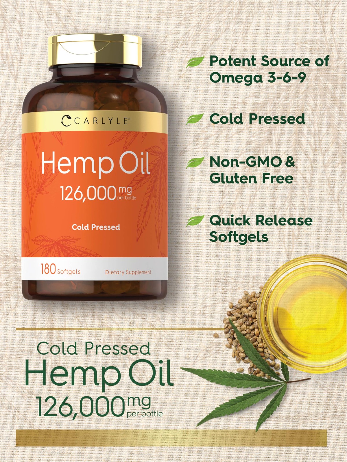 Carlyle Hemp Oil Capsules | 126,000 mg | 180 Softgels | 180 Count (Pack of 1)