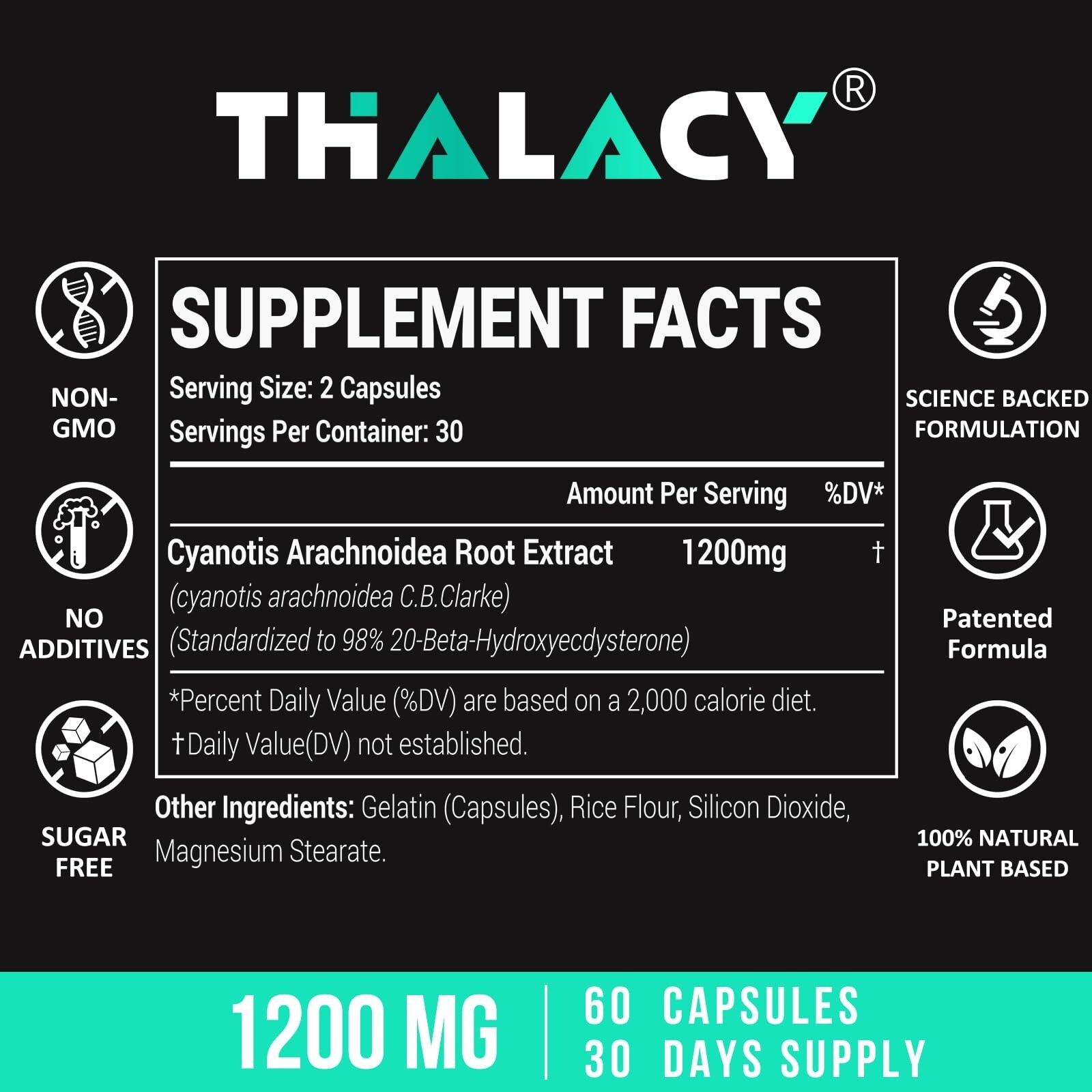 Thalacy 1200MG Beta Ecdysterone Supplement 98% Maximum (60 Ct. x 2)