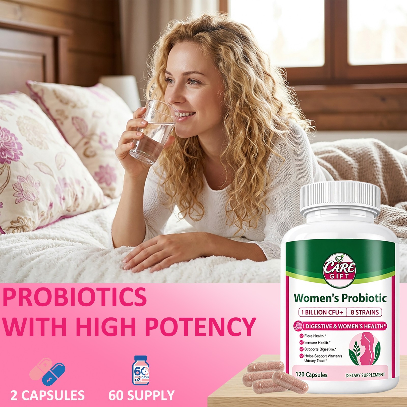CARE GIFT Women’s Vaginal Probiotic 10 Billion CFU, 120 Capsules, 60 Servings