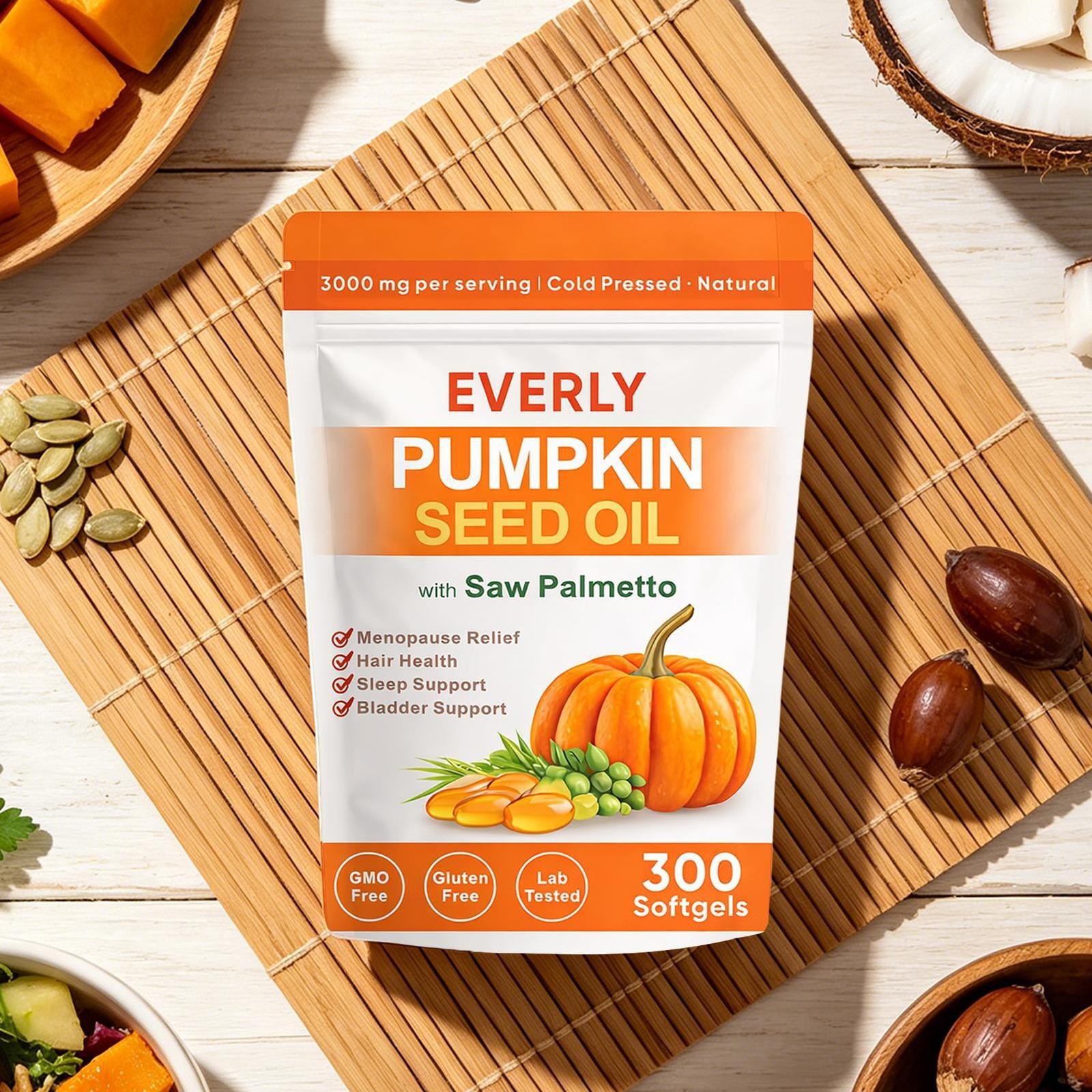 Everly Pumpkin Seed Oil with Saw Palmetto, 300 Softgels, Cold Pressed Pumpkin Se