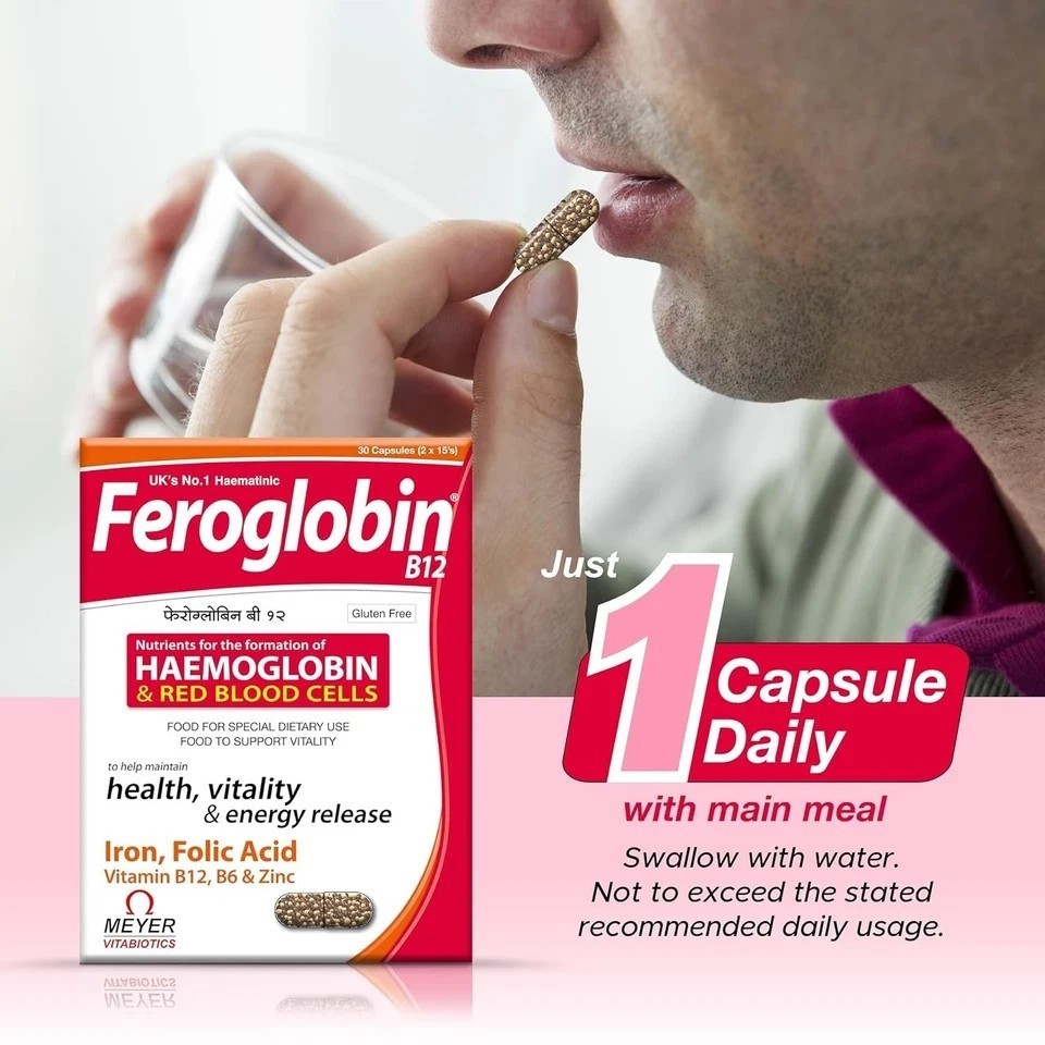 Feroglobin B12 Capsules 30 Iron Folic Acid B6 B12 Zinc Hemoglobin Support B642