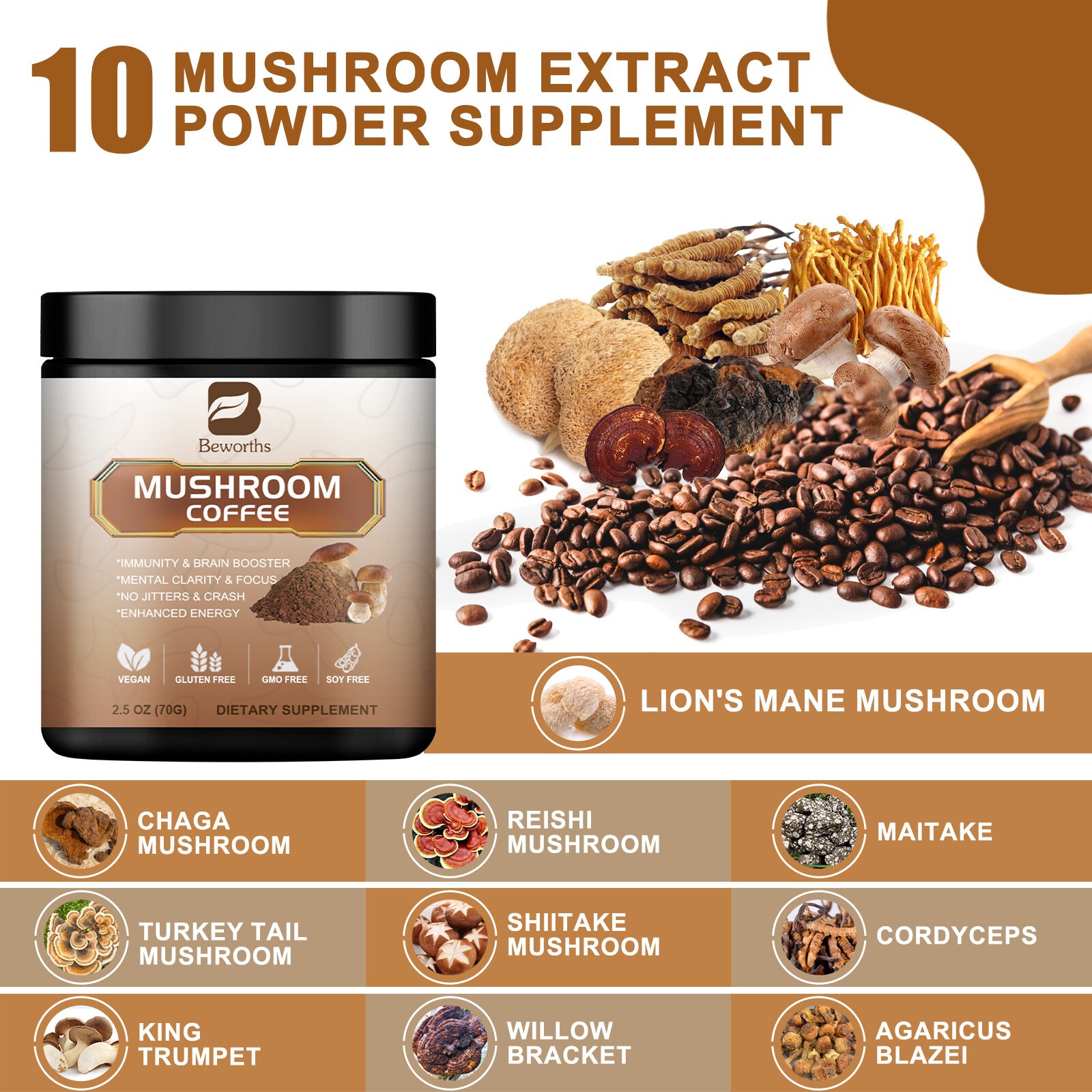 210g Mushroom Coffee Instant Mushroom Coffee Powder Brain & Immune Boost