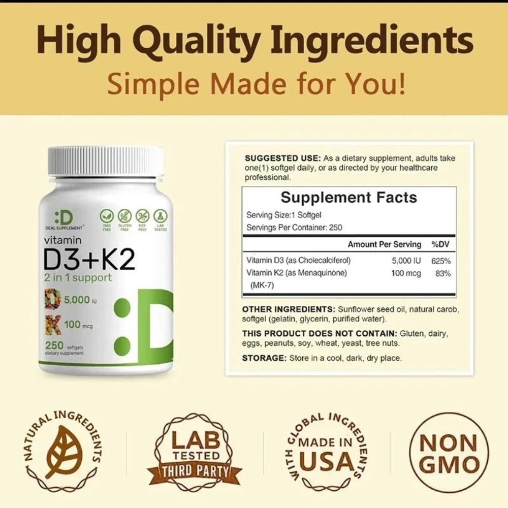 Vitamin D3 5000 IU & K2 100 mcg – 2-in-1 Complex, 250 Softgels for Heart Health