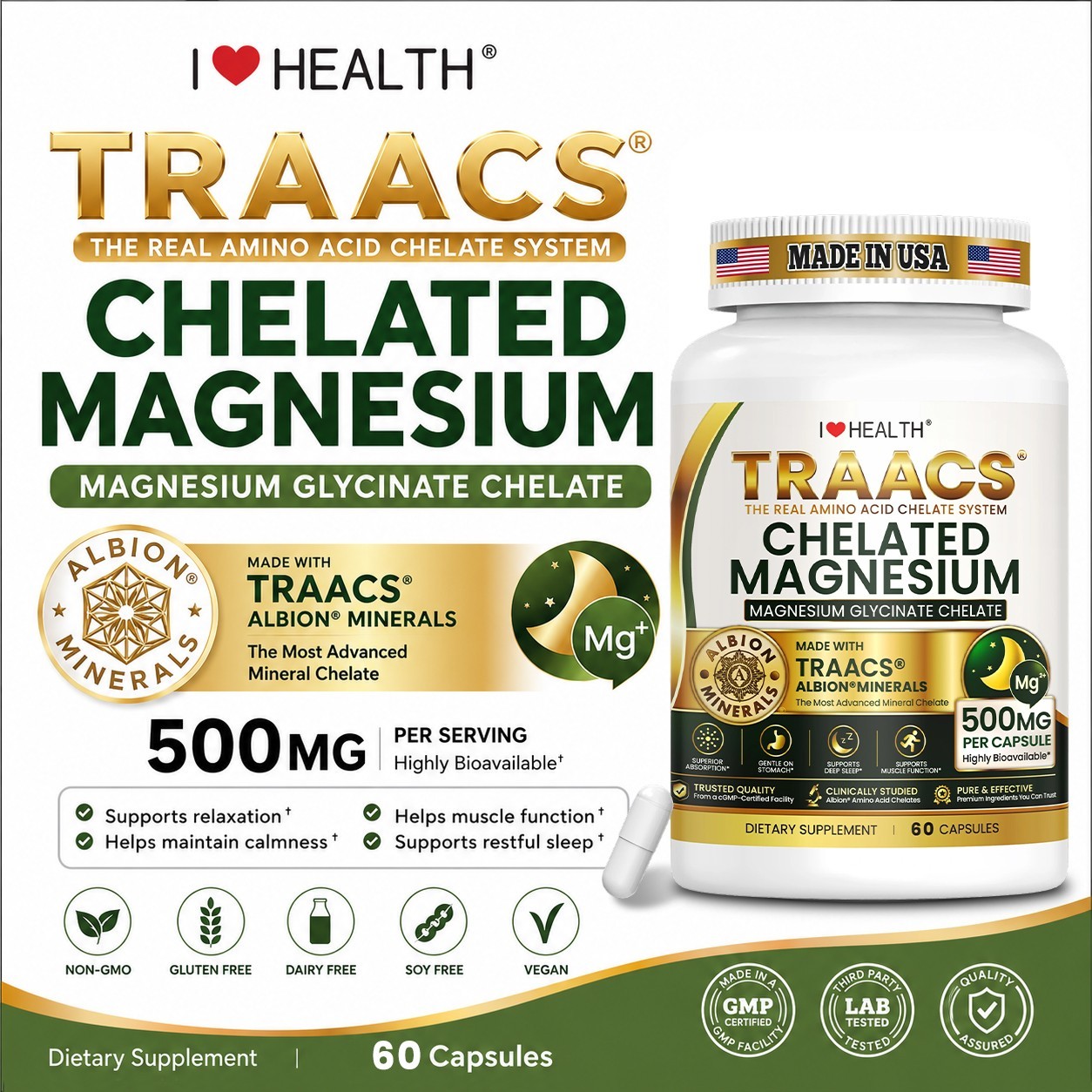 Magnesium Glycinate 500mg Per Capsule 60ct – Sleep Support Made in USA