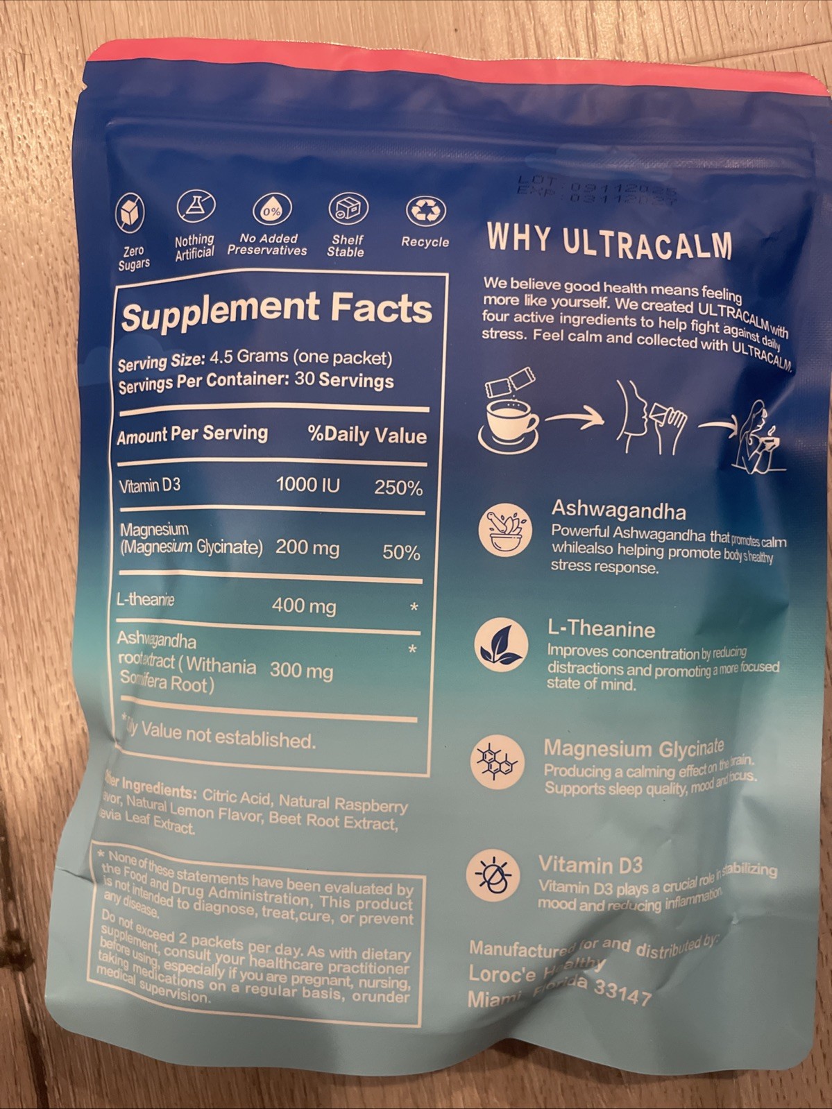 Loroc’e UltraCalm Calming Drink Mix Magnesium Glycinate 30 Packets Exp 03/2027