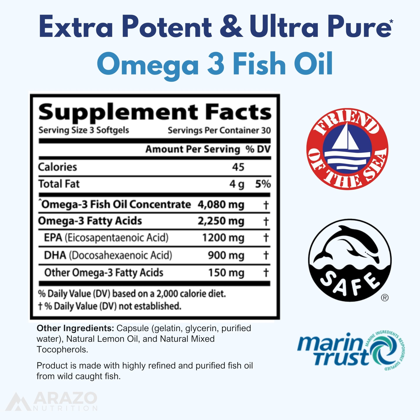 Arazo Nutrition Wild Caught Omega 3 Fish Oil – 90 Soft Gels – 4080mg High EPA…
