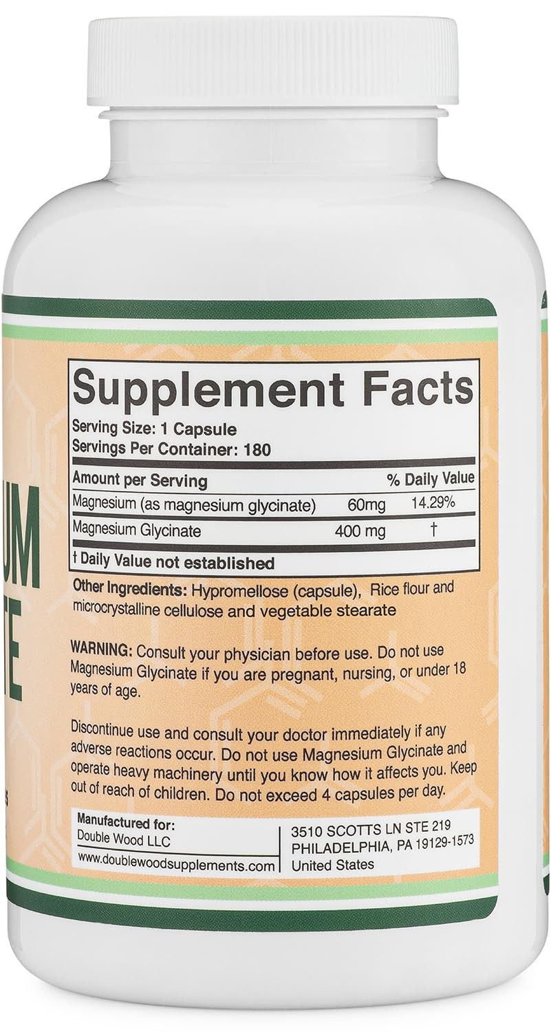 Magnesium Glycinate 400mg | 180 Capsules | Sleep, Muscle, 180 Count, No Color