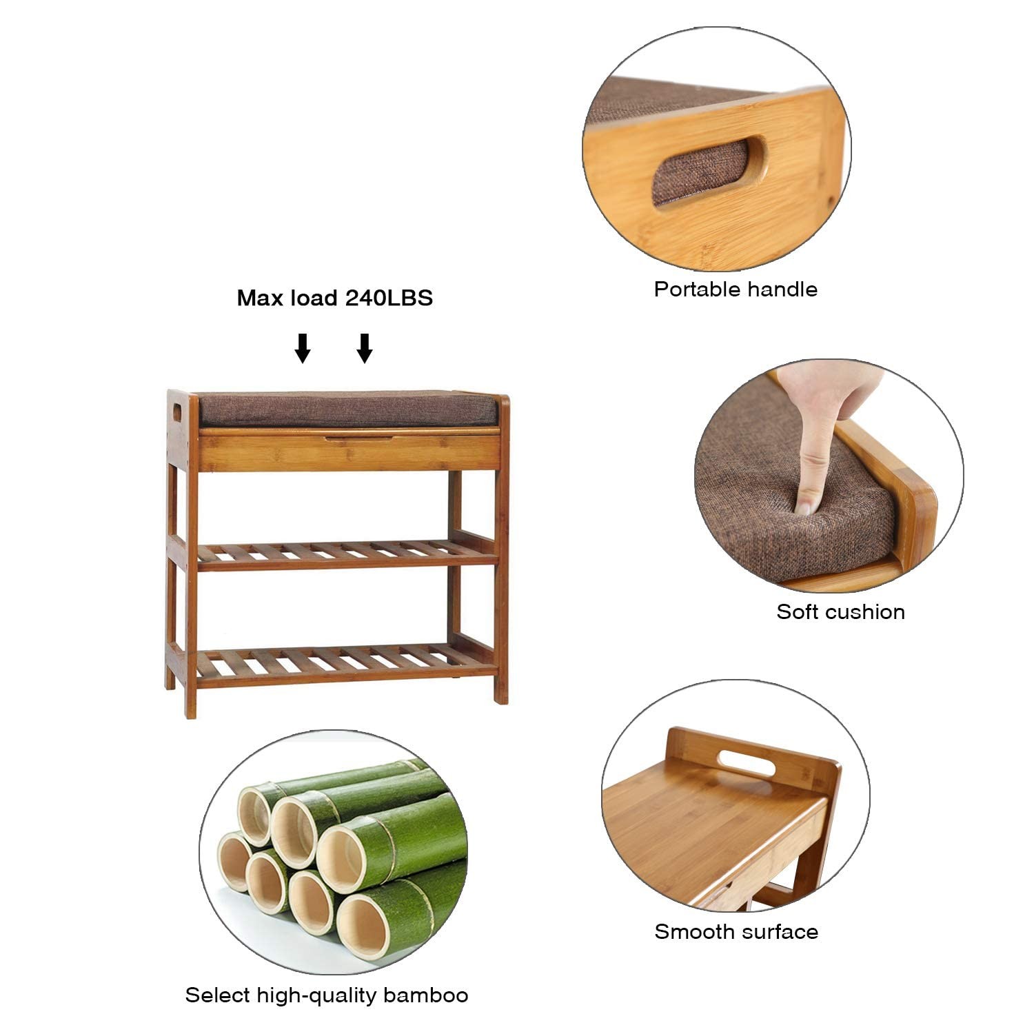 3-Tier Shoe Rack Bench Entryway Storage Shelf Holds up to 240 LBS Bamboo New