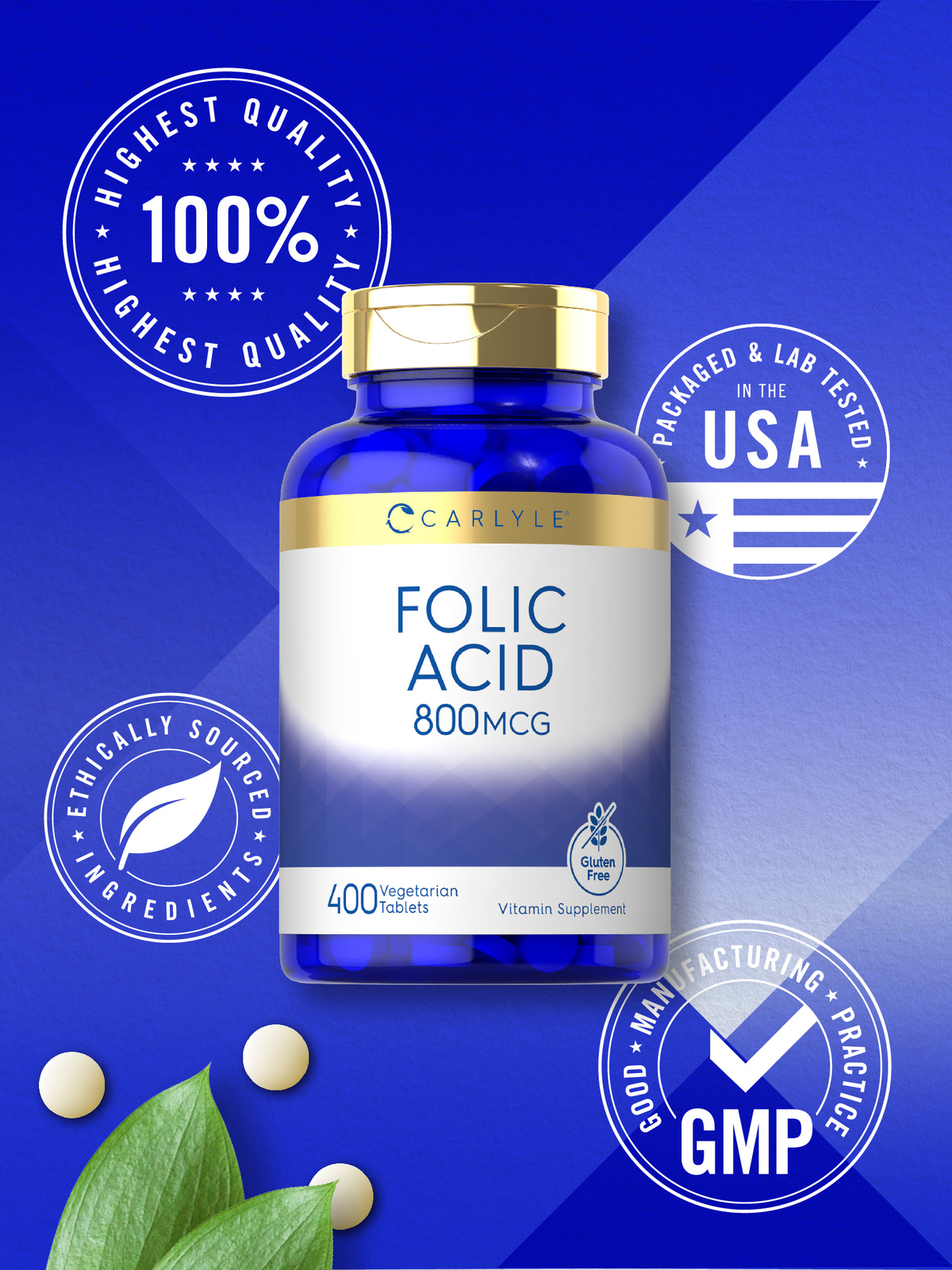 Folic Acid 800 mcg | 400 Tablets | Vegetarian, Non-GMO, Gluten Free | by Carlyle