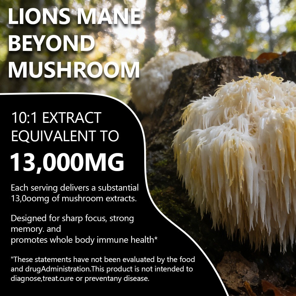 Organic Lion’s Mane Mushroom Complex 13000 mg – MEMORY, FOCUS, STRESS SUPPORT
