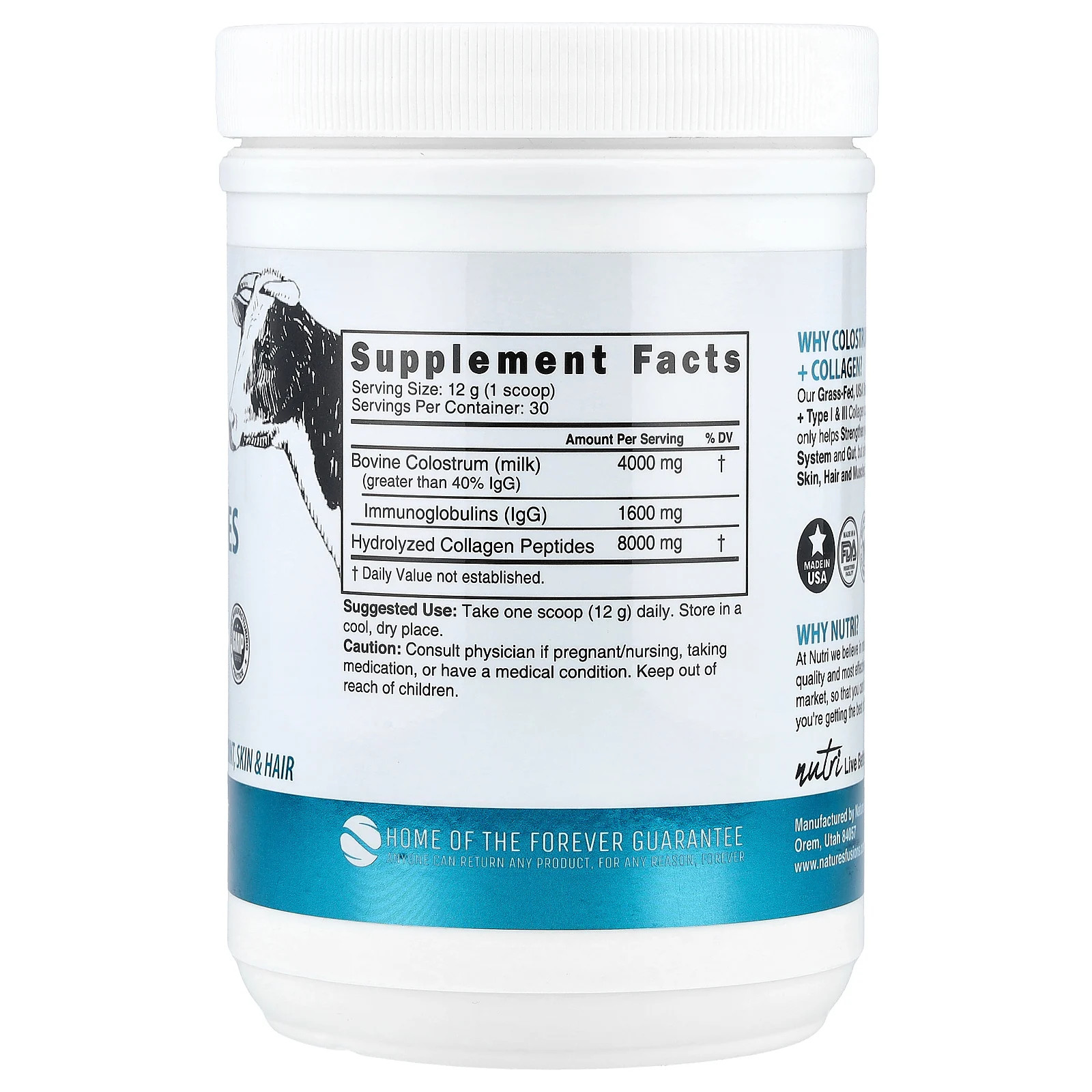 Nutri, Colostrum + Collagen Peptides, Unflavored, 12.7 oz (360 g)