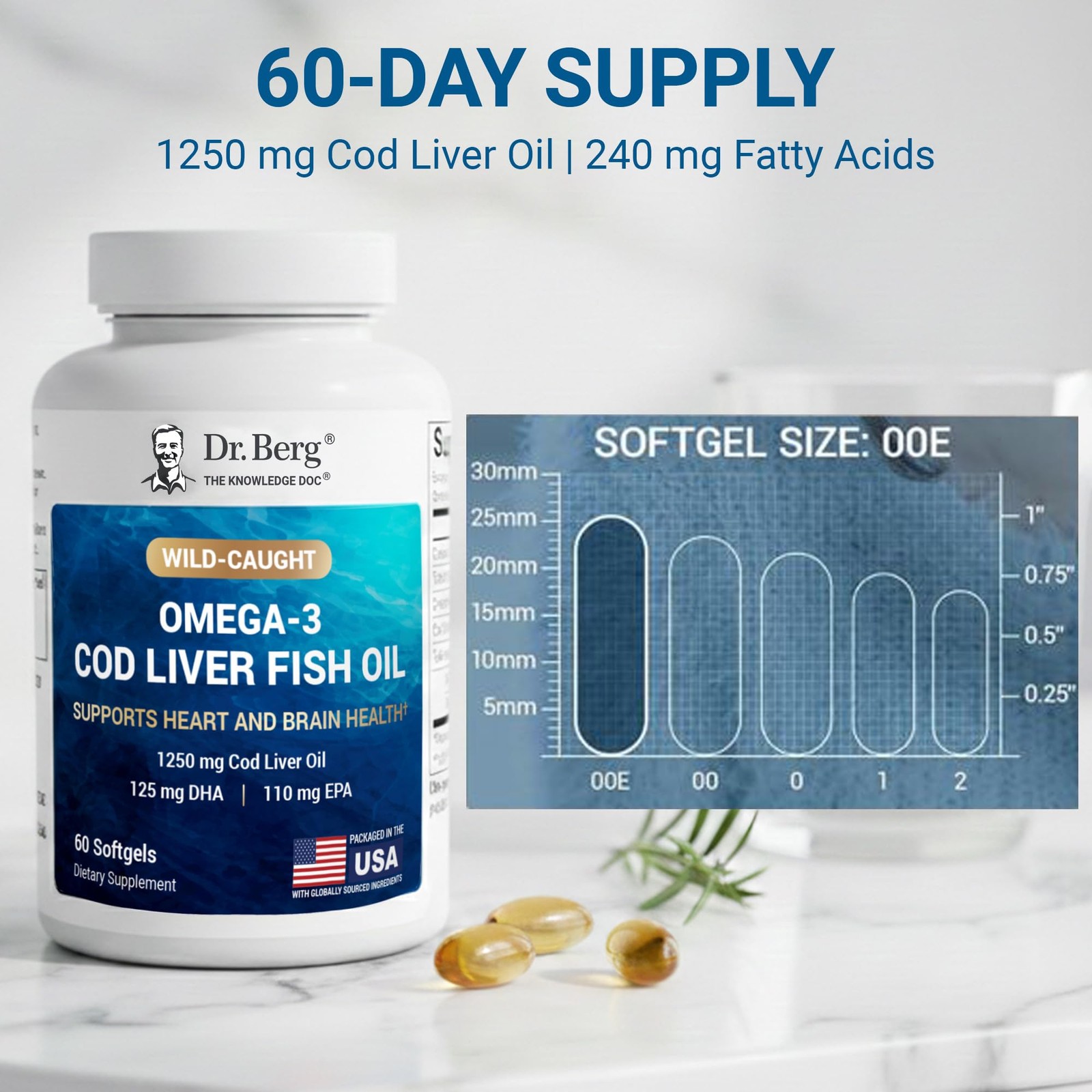 Dr. Berg Omega-3 Cod Liver Fish Oil 60 Softgels – Wild-Caught Icelandic Cod –