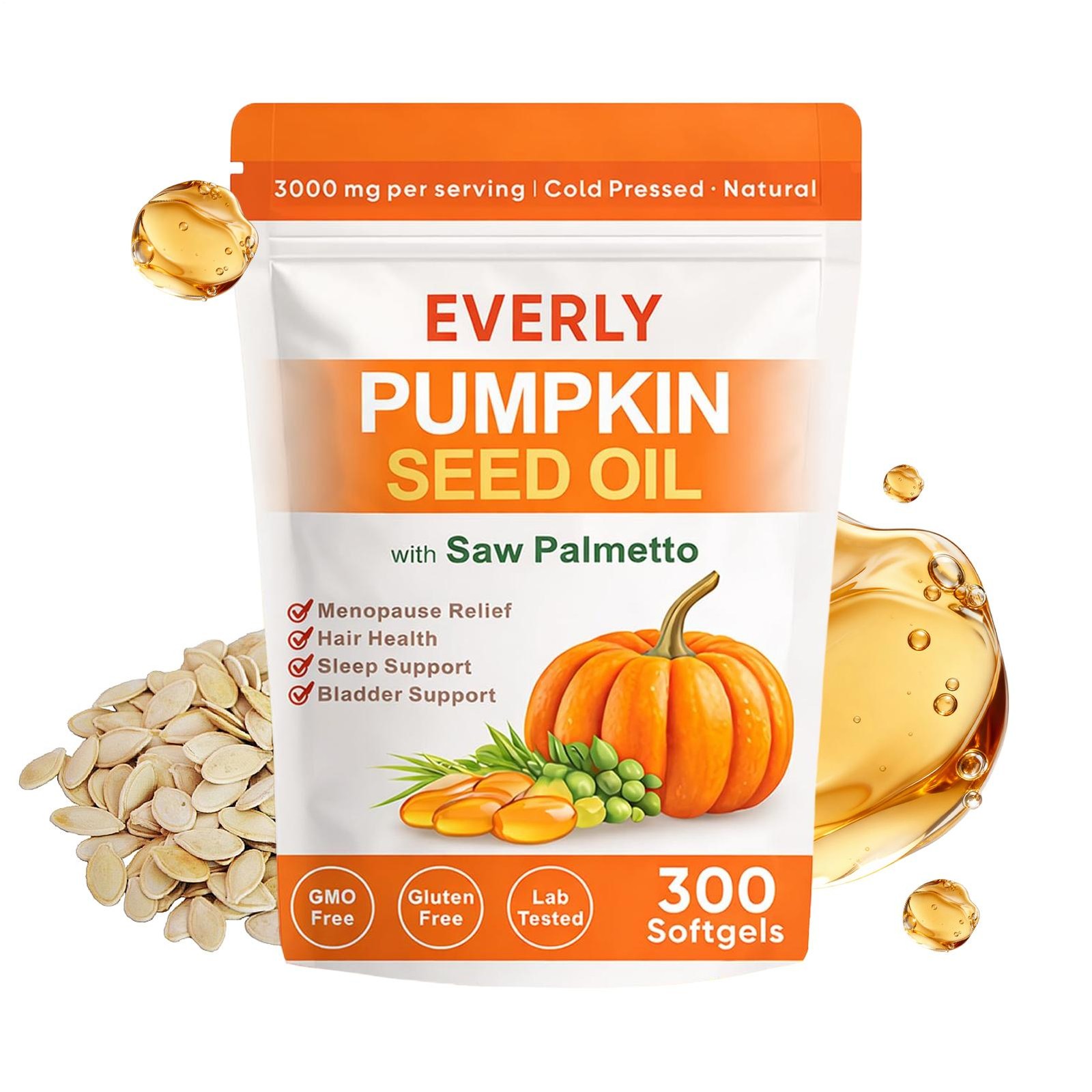 Everly Pumpkin Seed Oil with Saw Palmetto, 300 Softgels, Cold Pressed Pumpkin Se