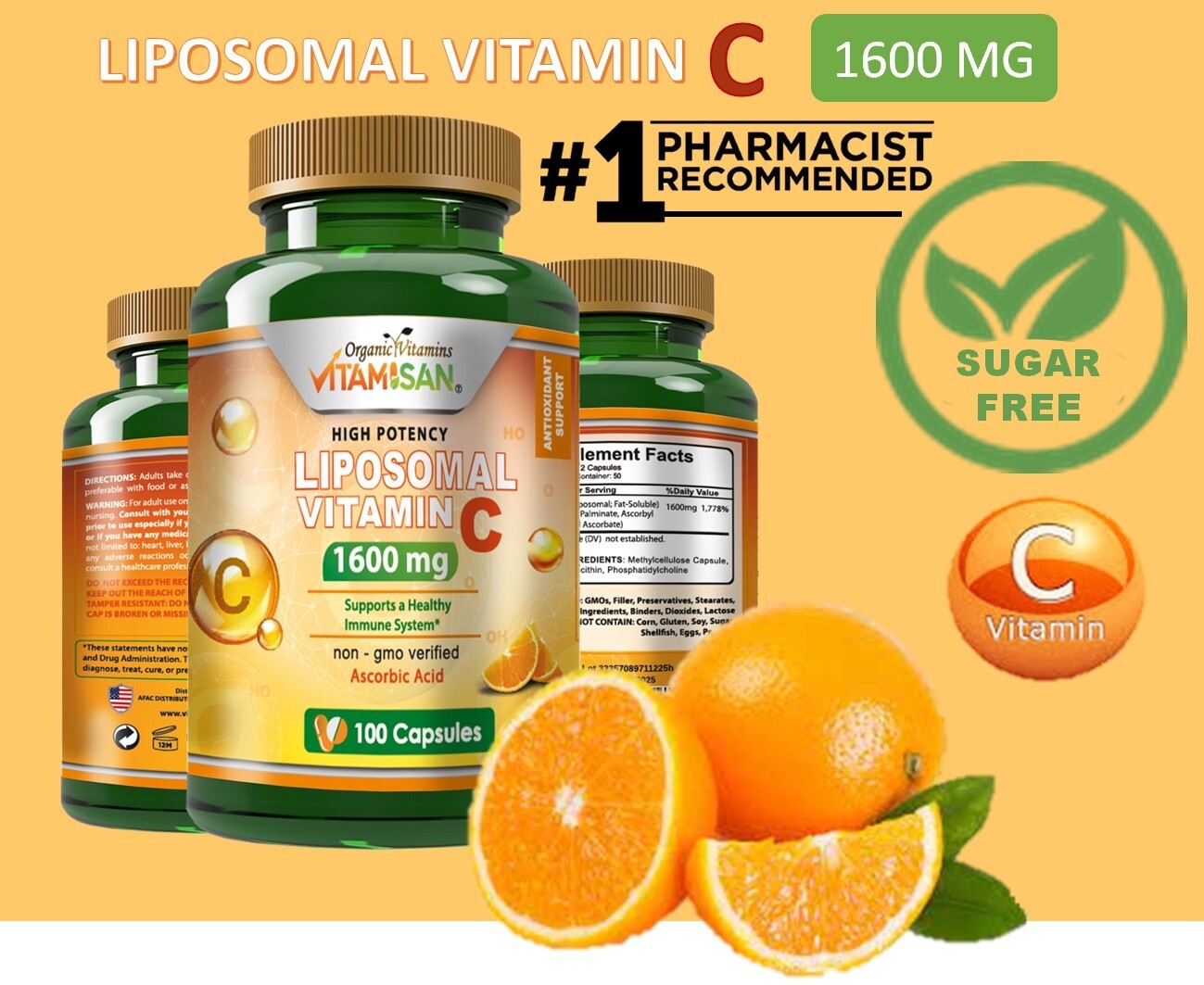 Pure Vitamin C 1600mg 100 capsules Boosts Immune System Organic vitamins VItamis