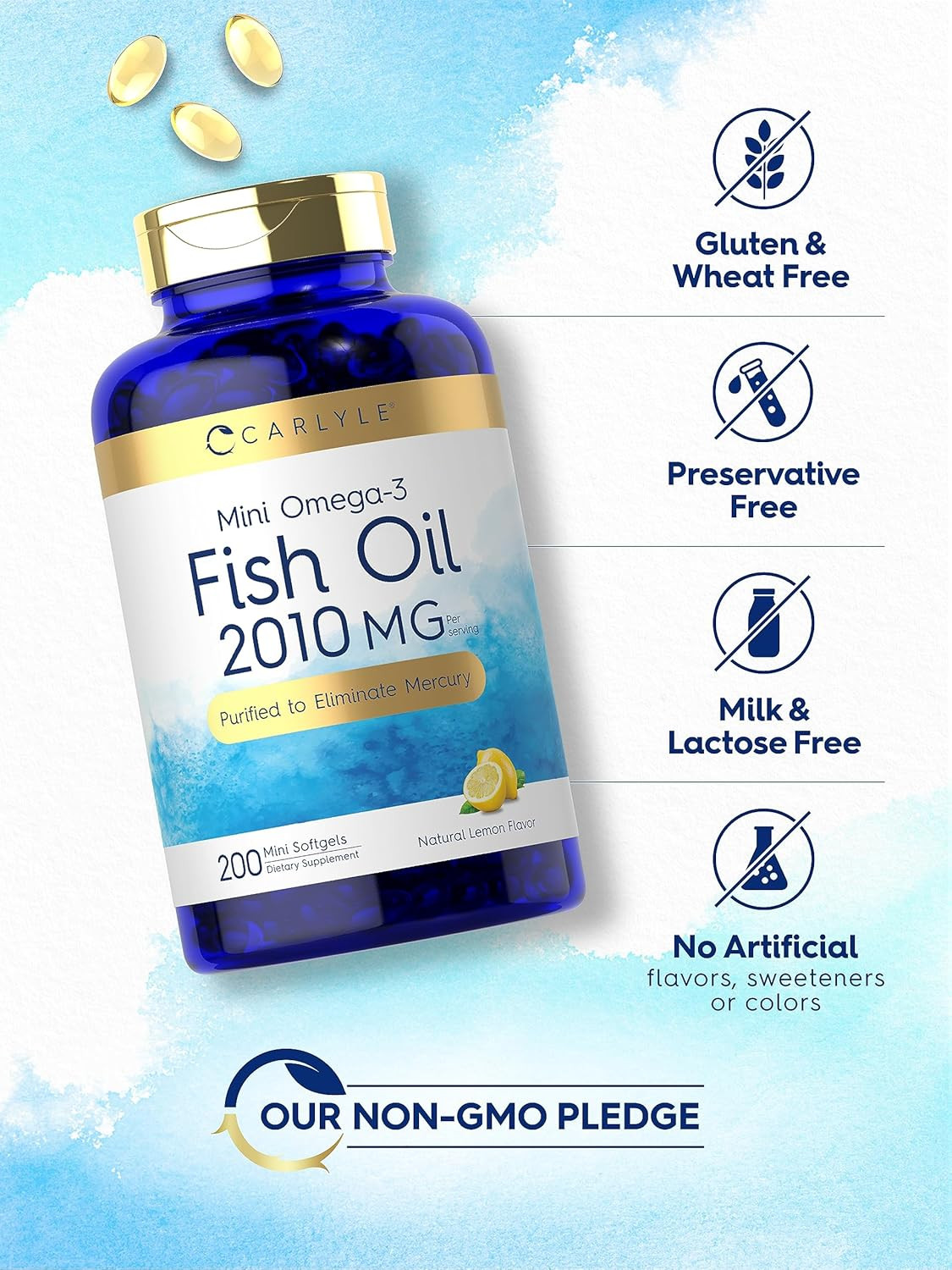 Mini Fish Oil Softgels 2010 Mg 200 Omega-3 Pills with EPA & DHA Non-Gmo & Gluten