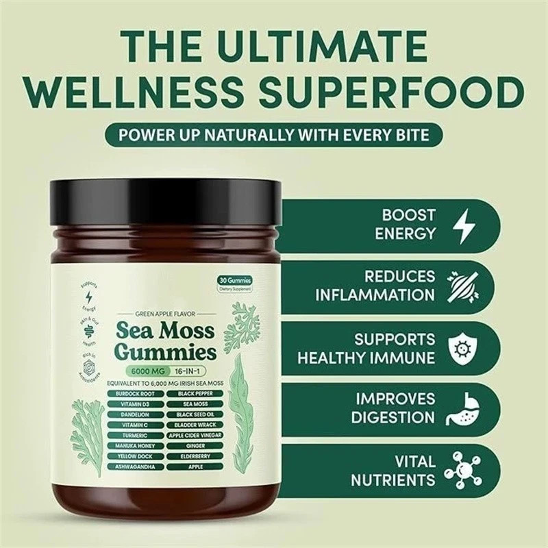 16 IN 1 Organic Sea Moss Gummy Irishmoss Extract 6000Mg Green Apple Flavor US