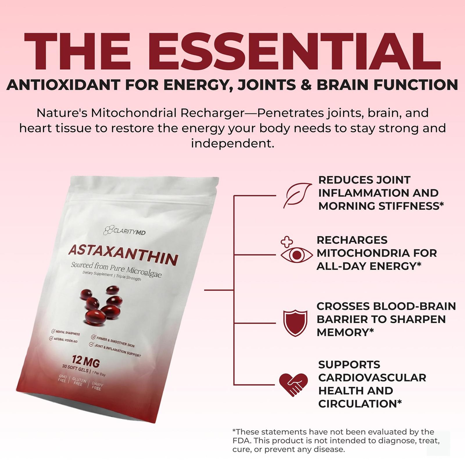 Astaxanthin 12mg Antioxidant Supplement 30 Softgels Natural Microalgae