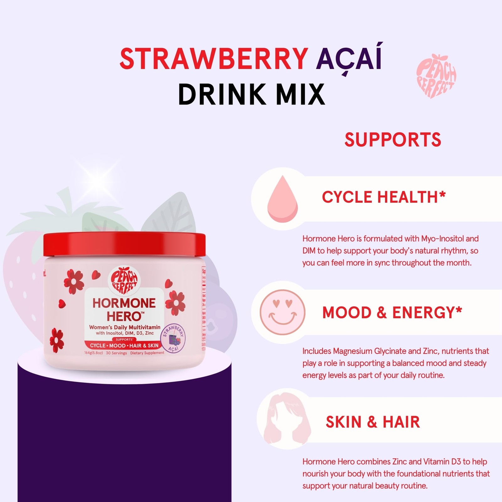 Peach Perfect Inositol Powder Multivitamin, Strawberry Acai Flavor – 3 – Supp…